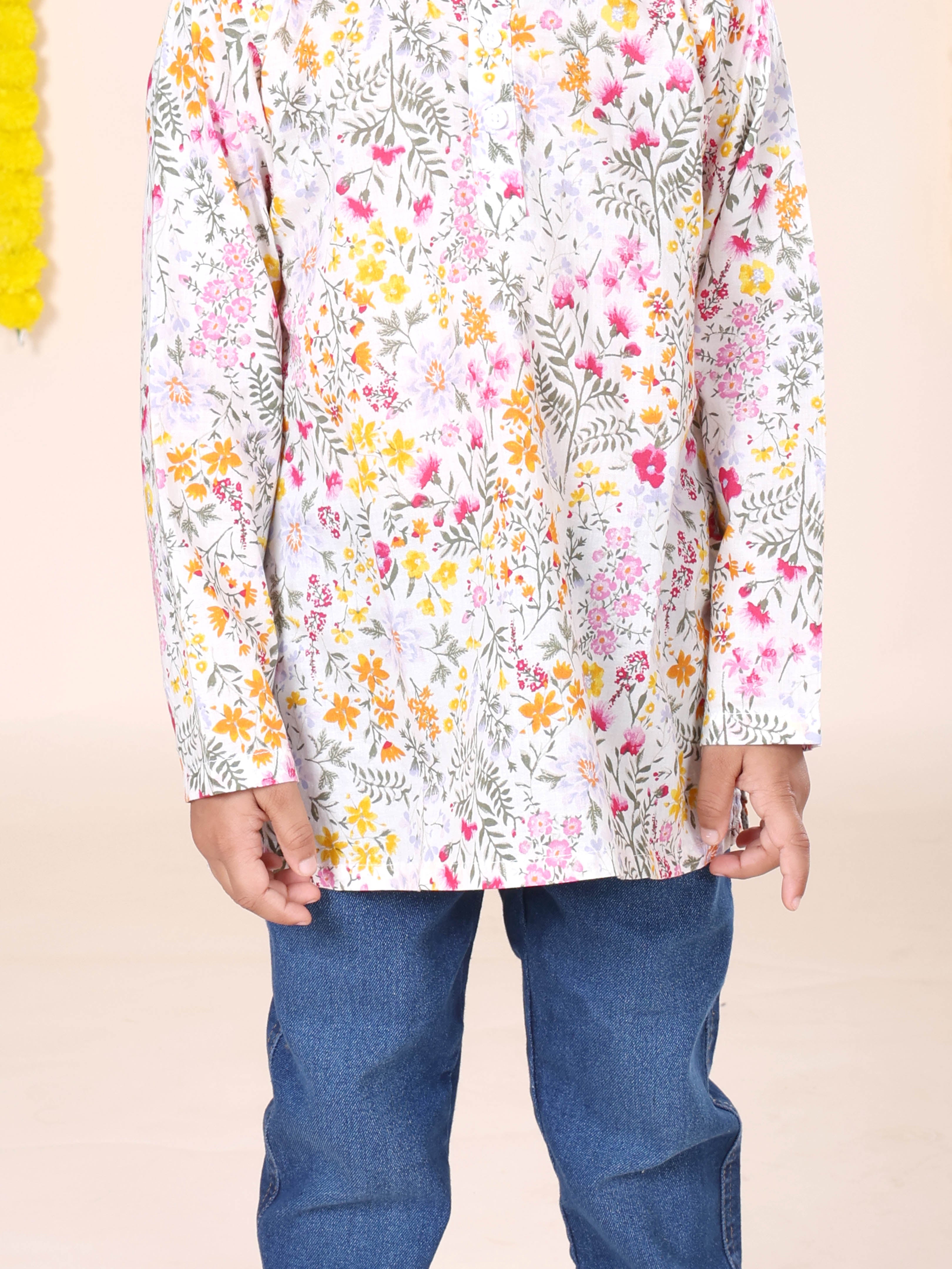 Boys Rayon Printed Short Kurta With Denim Woven Regular Fit Jeans Set