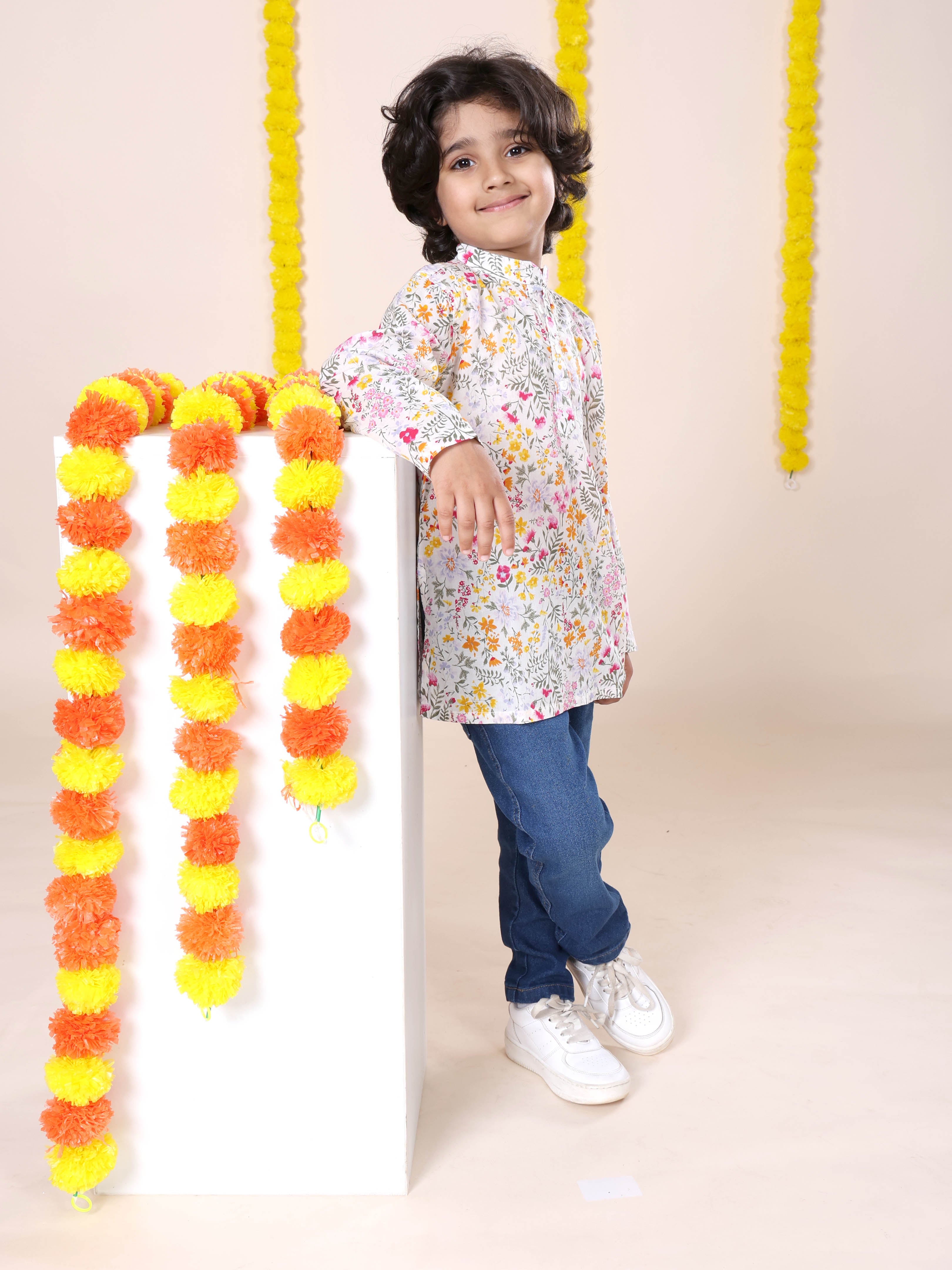Boys Rayon Printed Short Kurta With Denim Woven Regular Fit Jeans Set