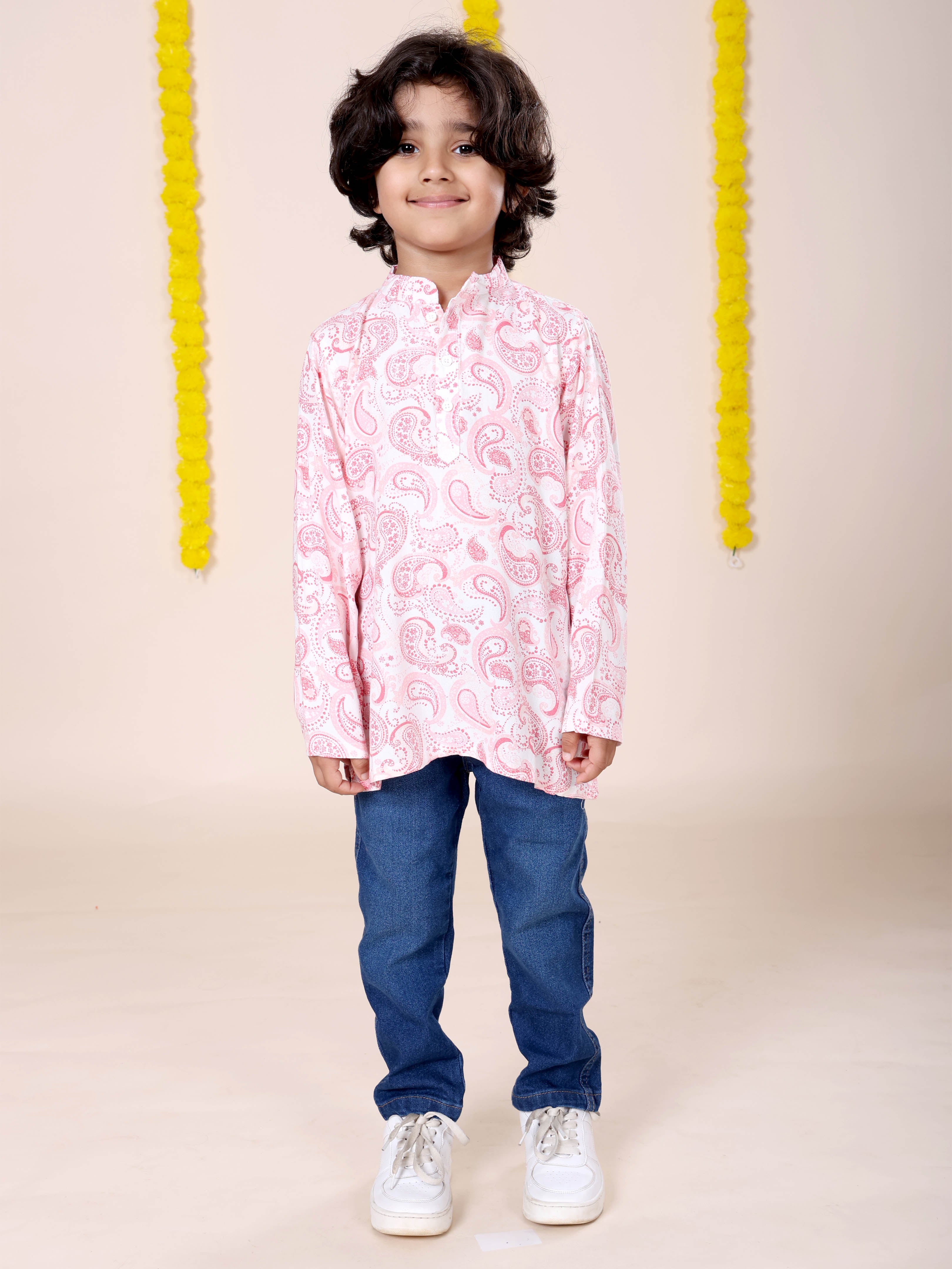 Boys Rayon Printed Short Kurta With Denim Woven Regular Fit Jeans Set