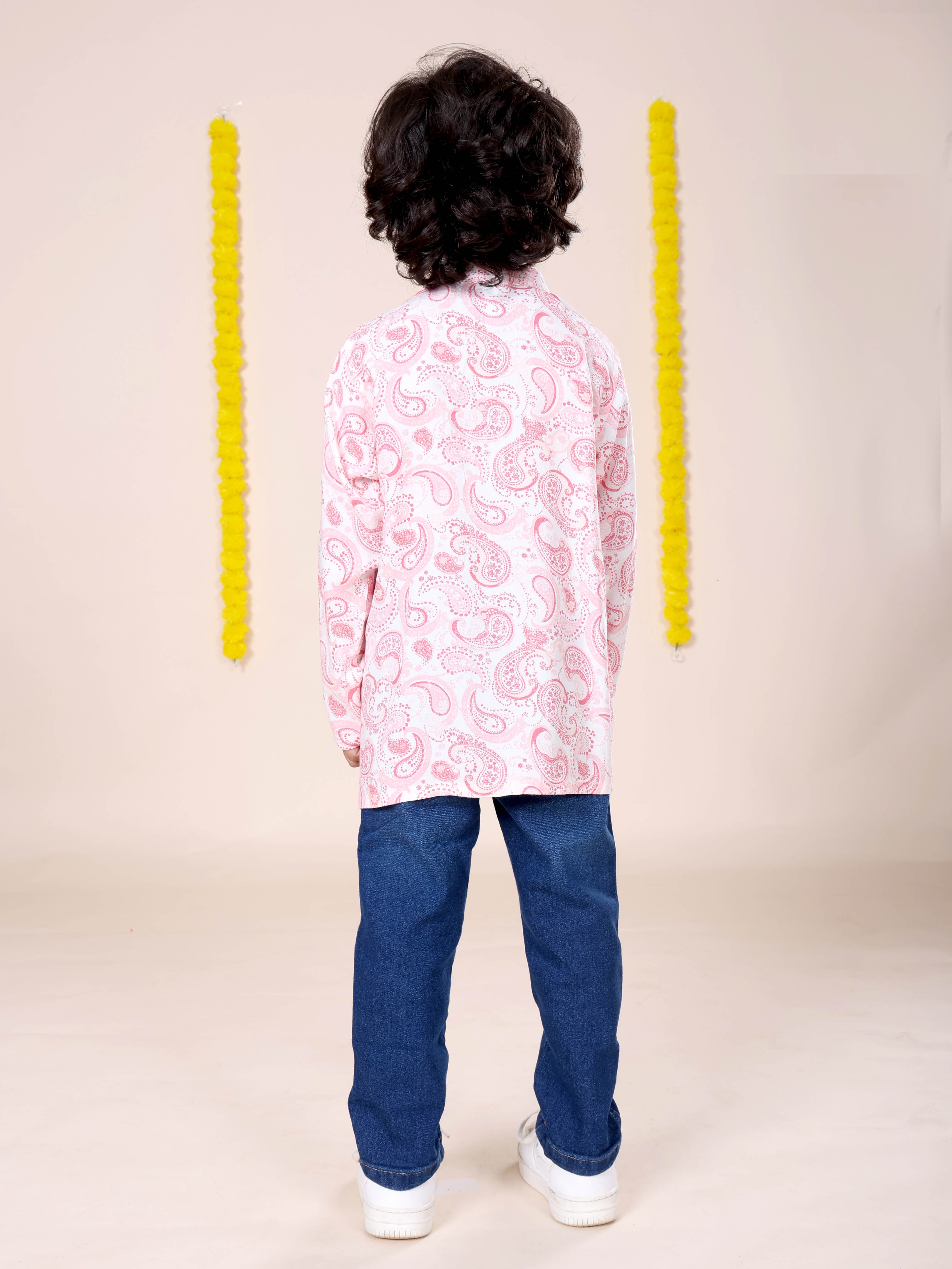 Boys Rayon Printed Short Kurta With Denim Woven Regular Fit Jeans Set