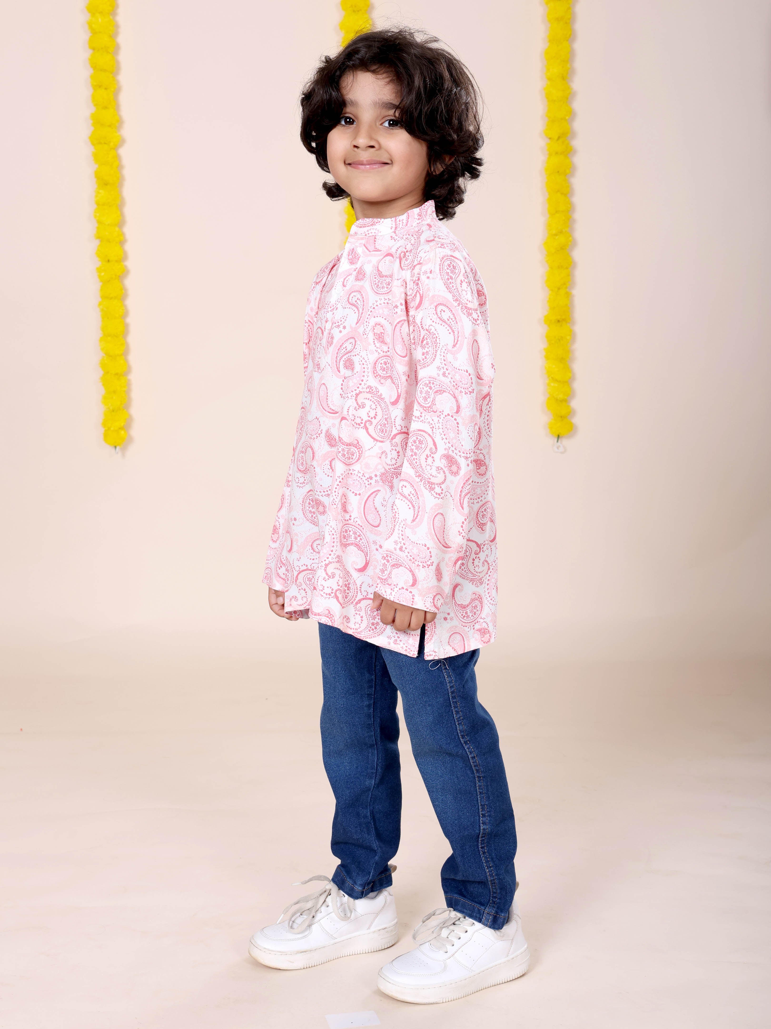 Boys Rayon Printed Short Kurta With Denim Woven Regular Fit Jeans Set