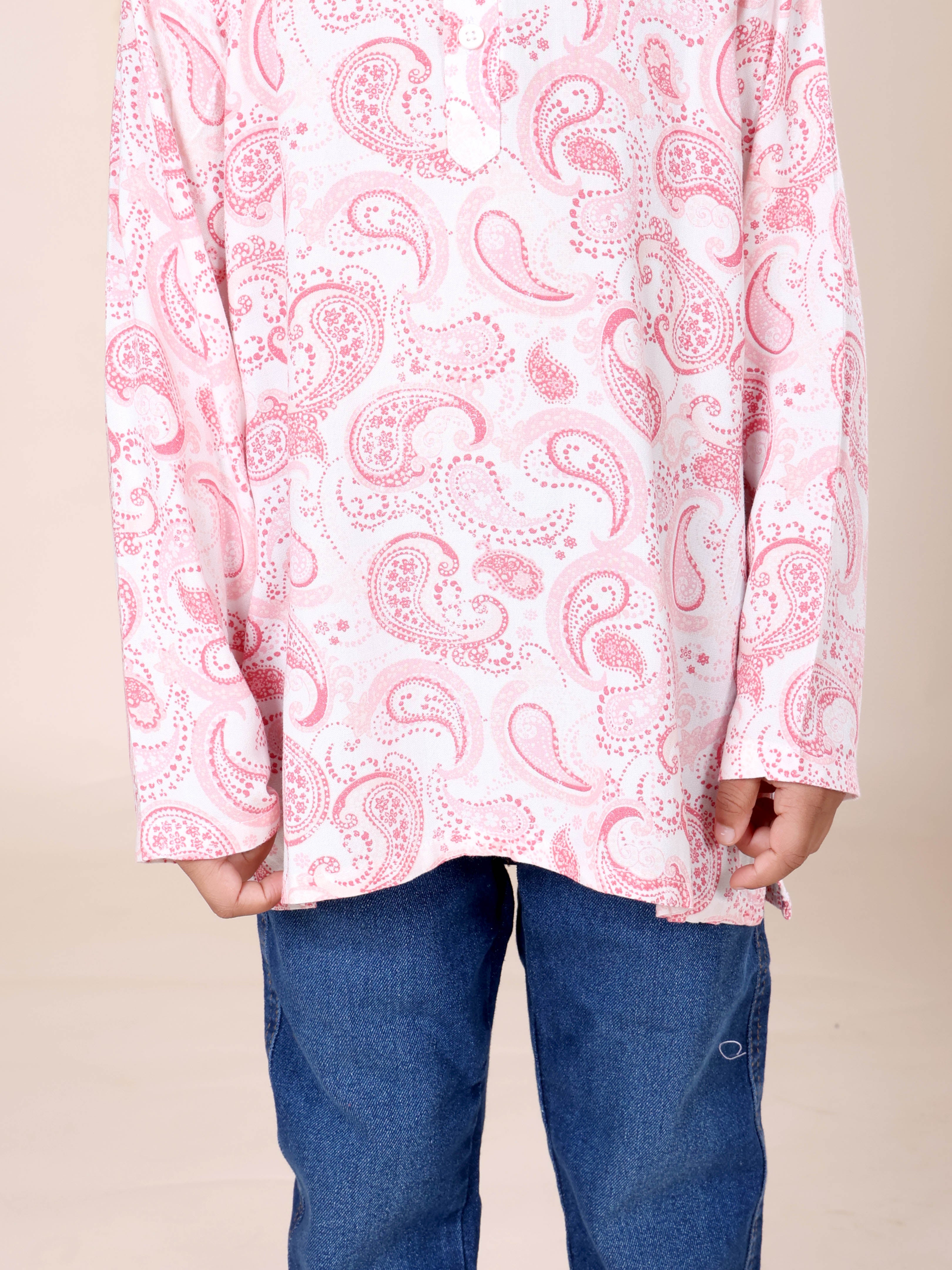 Boys Rayon Printed Short Kurta With Denim Woven Regular Fit Jeans Set