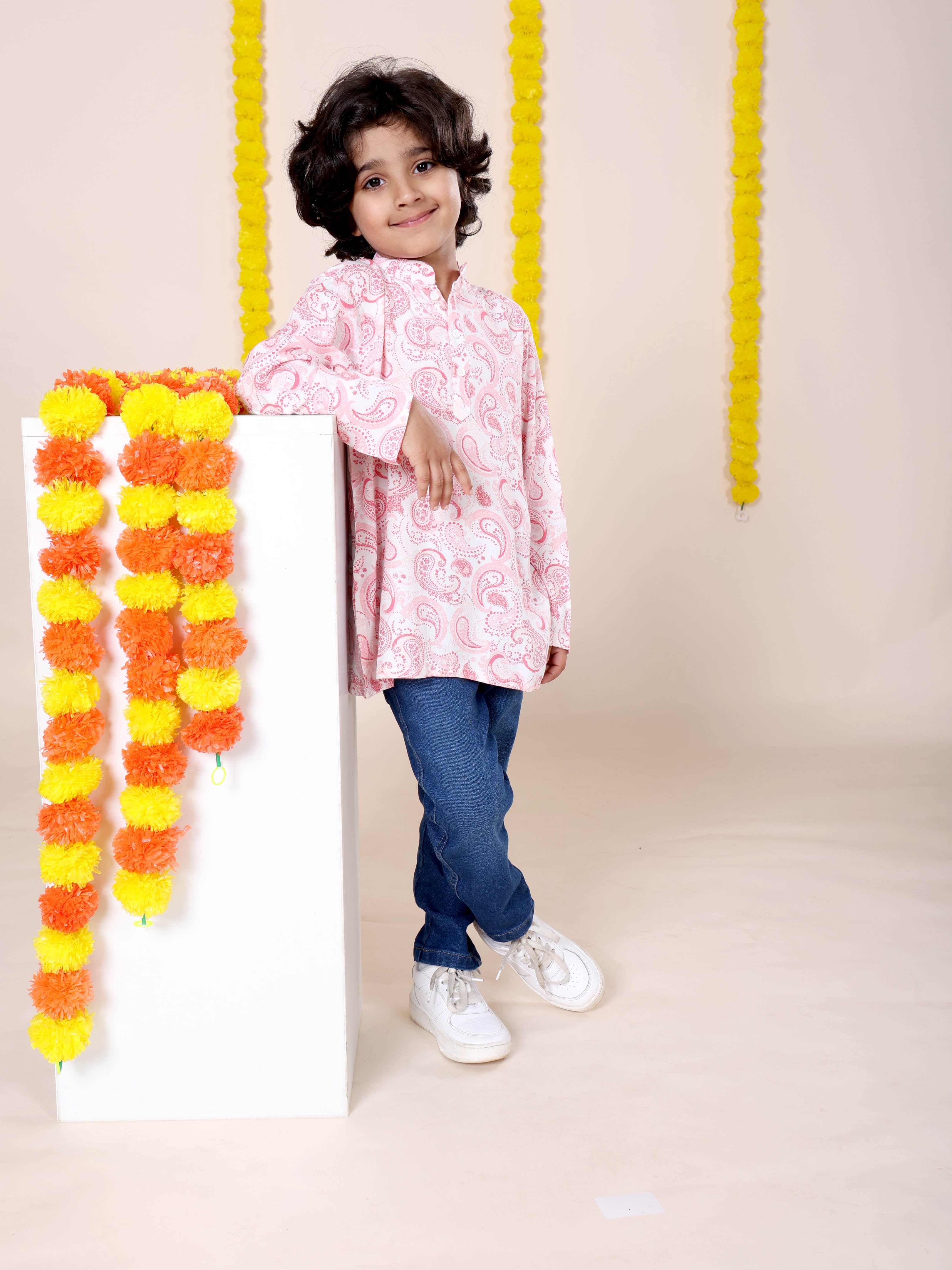 Boys Rayon Printed Short Kurta With Denim Woven Regular Fit Jeans Set
