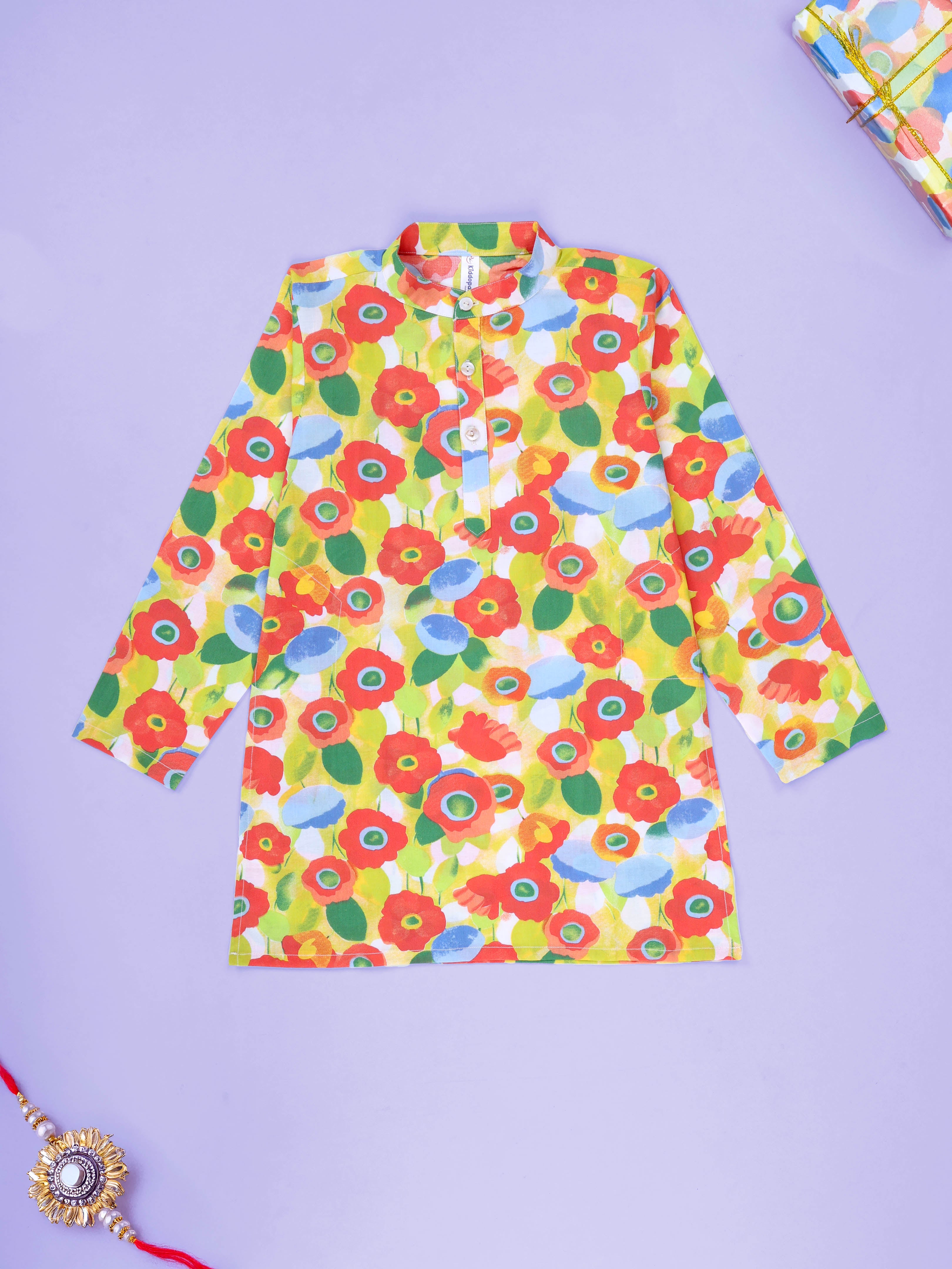 Kiddopanti Boys Cotton Floral Printed Full Sleeves Knee Length Kurta