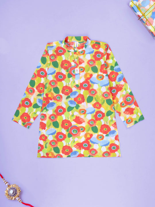 Kiddopanti Boys Cotton Floral Printed Full Sleeves Knee Length Kurta