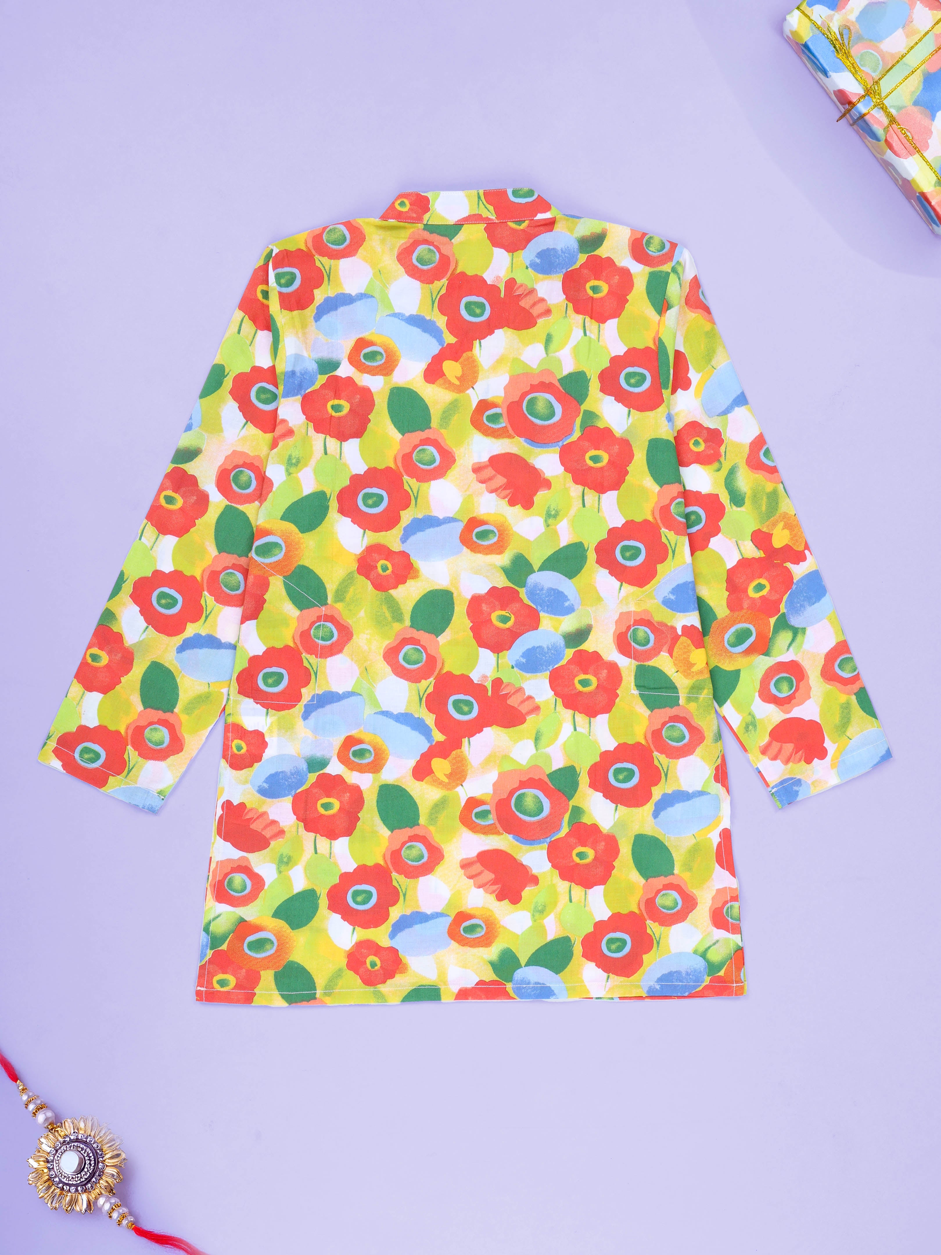 Kiddopanti Boys Cotton Floral Printed Full Sleeves Knee Length Kurta