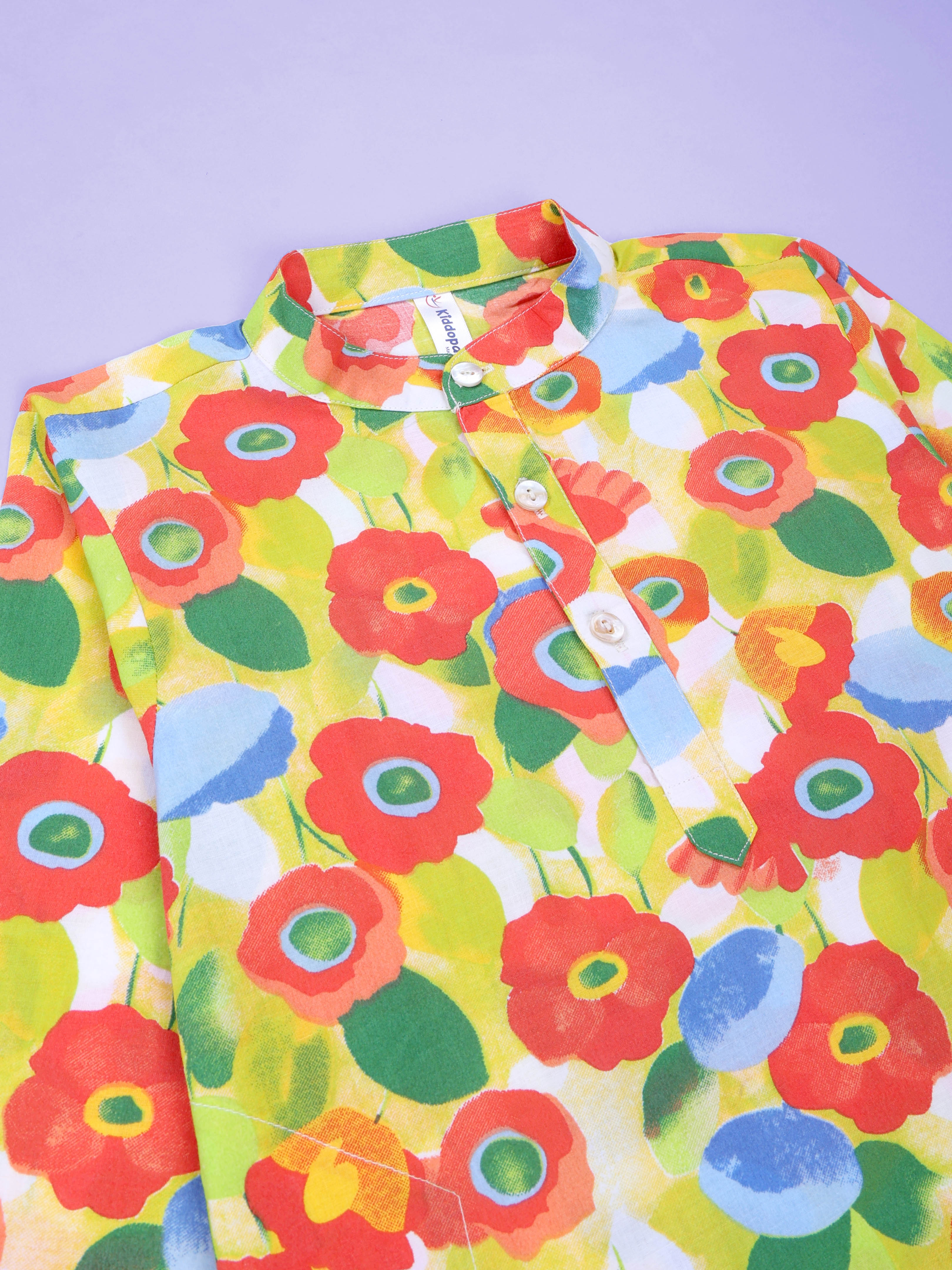 Kiddopanti Boys Cotton Floral Printed Full Sleeves Knee Length Kurta