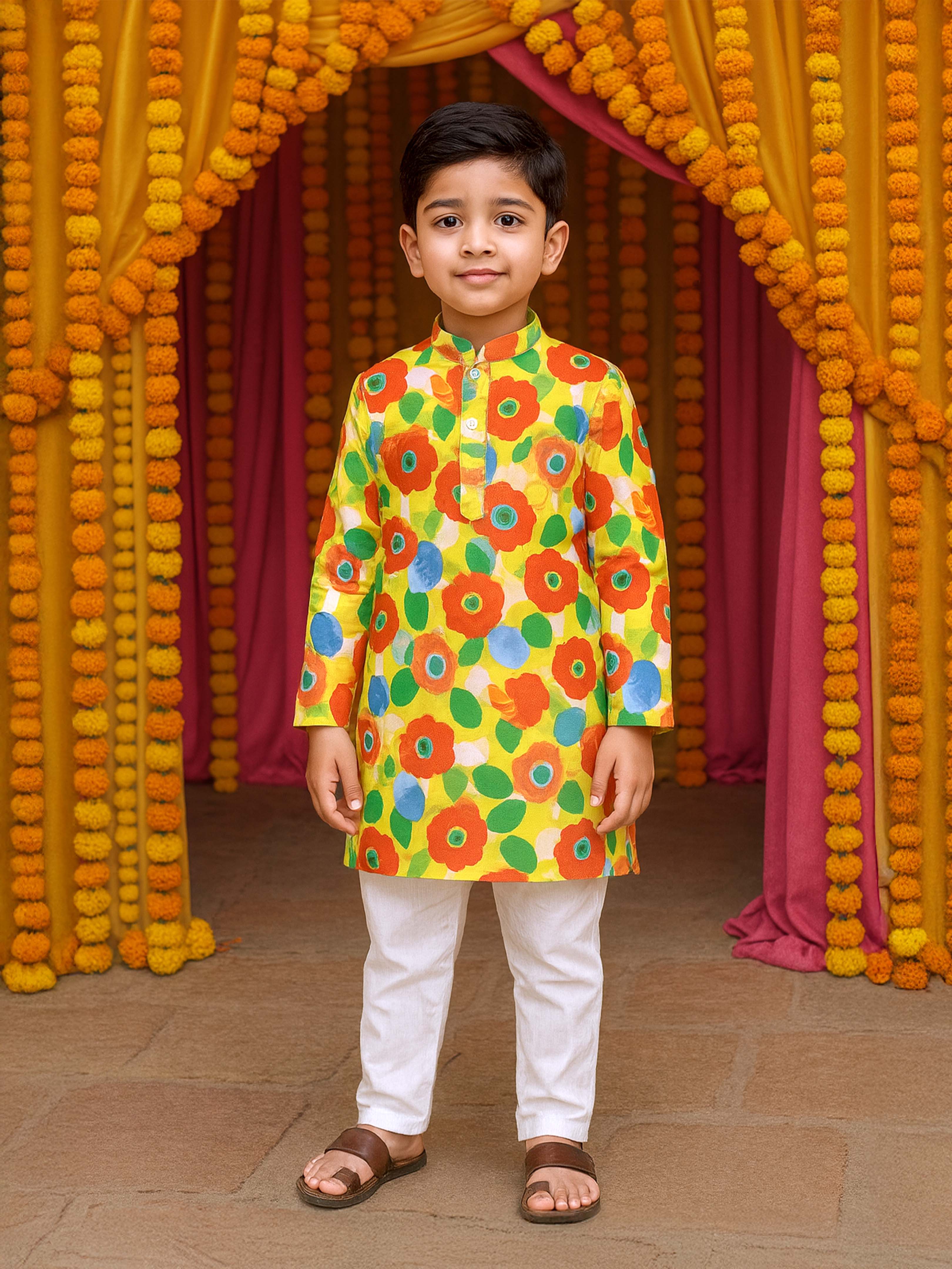 Kiddopanti Boys Cotton Floral Printed Full Sleeves Knee Length Kurta