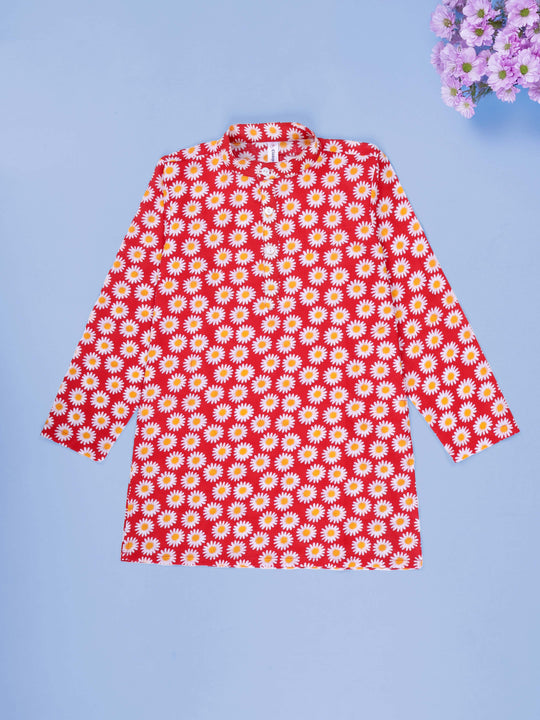 Kiddopanti Boys Cotton Floral Printed Full Sleeves Knee Length Kurta