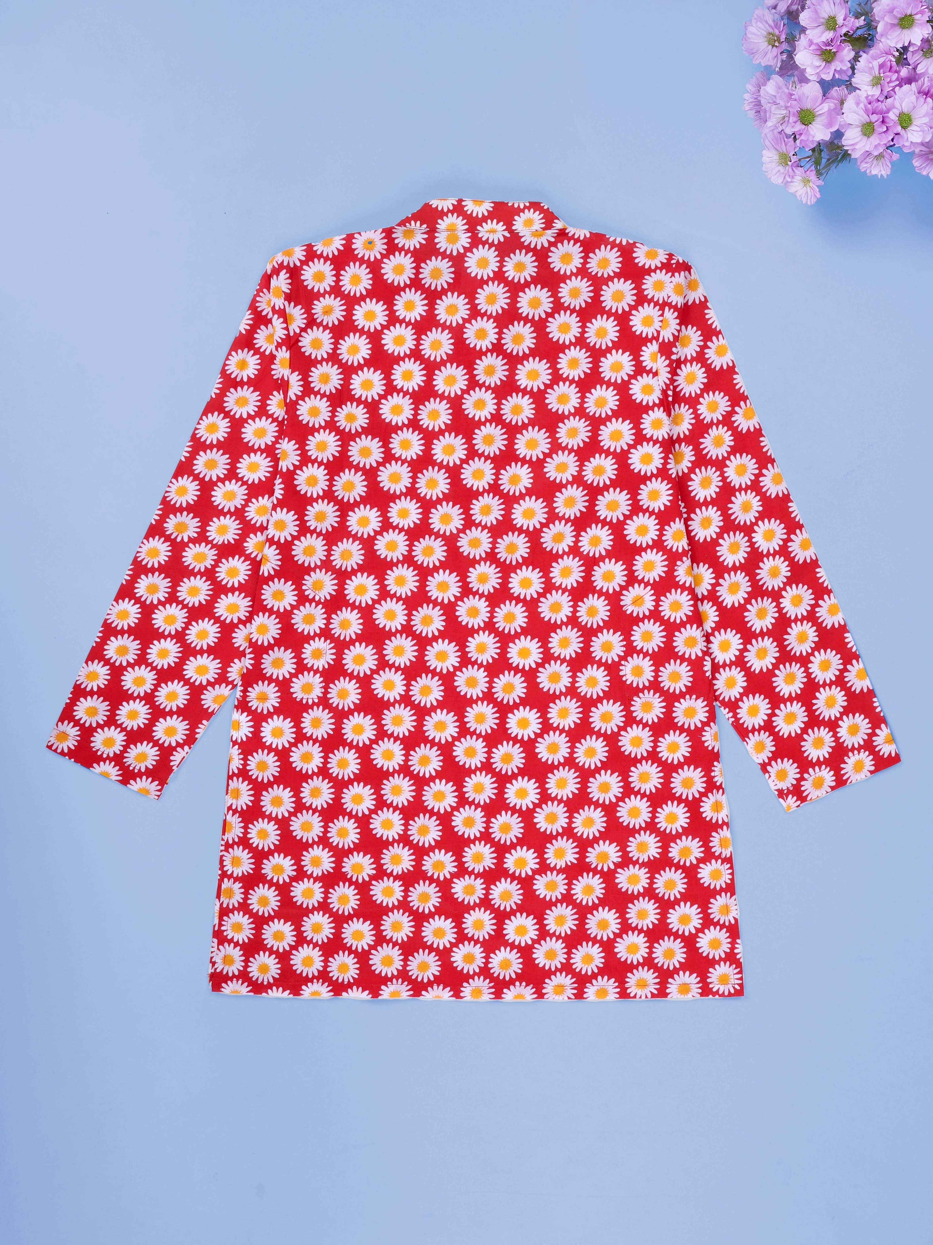 Kiddopanti Boys Cotton Floral Printed Full Sleeves Knee Length Kurta