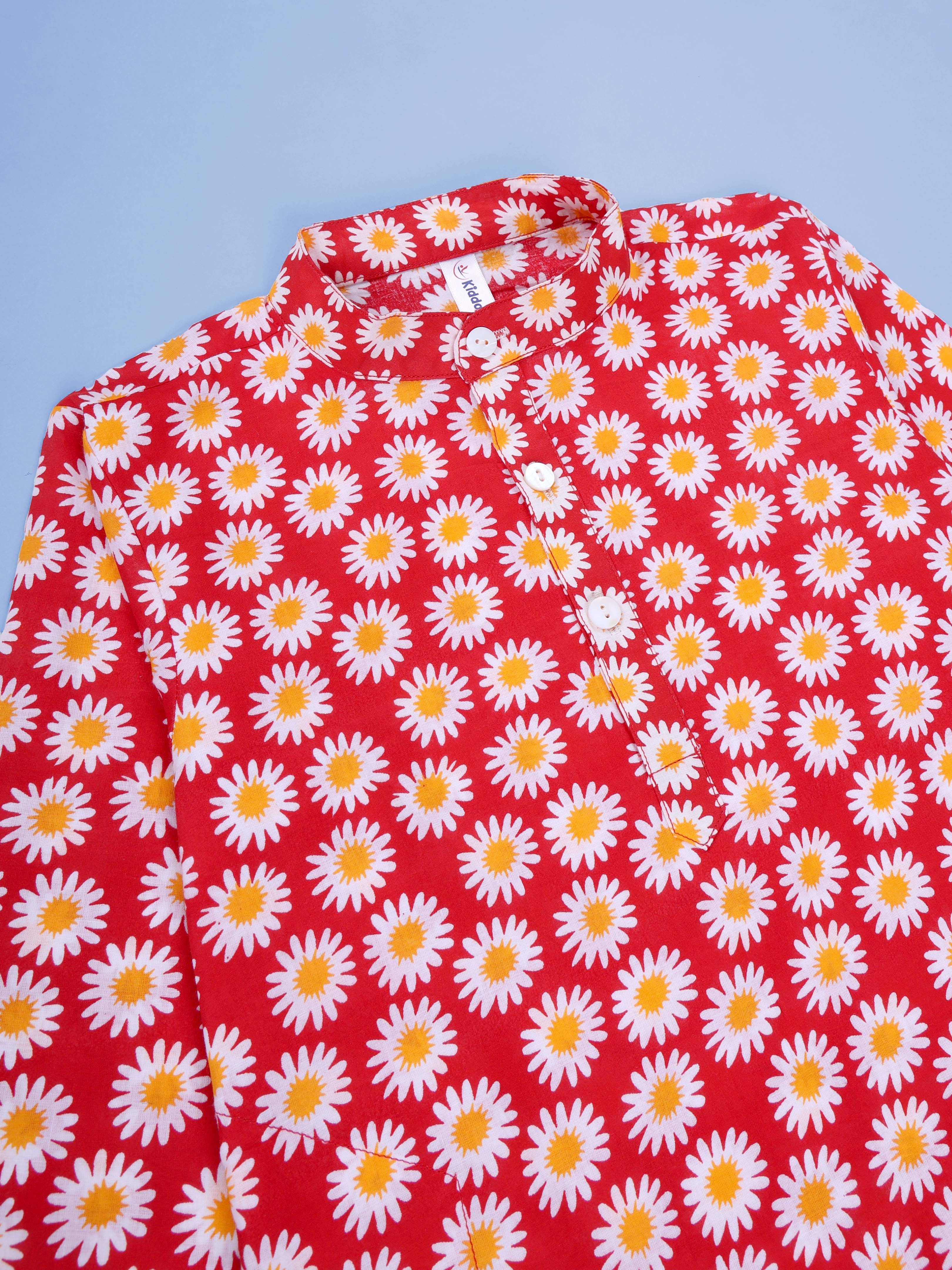 Kiddopanti Boys Cotton Floral Printed Full Sleeves Knee Length Kurta