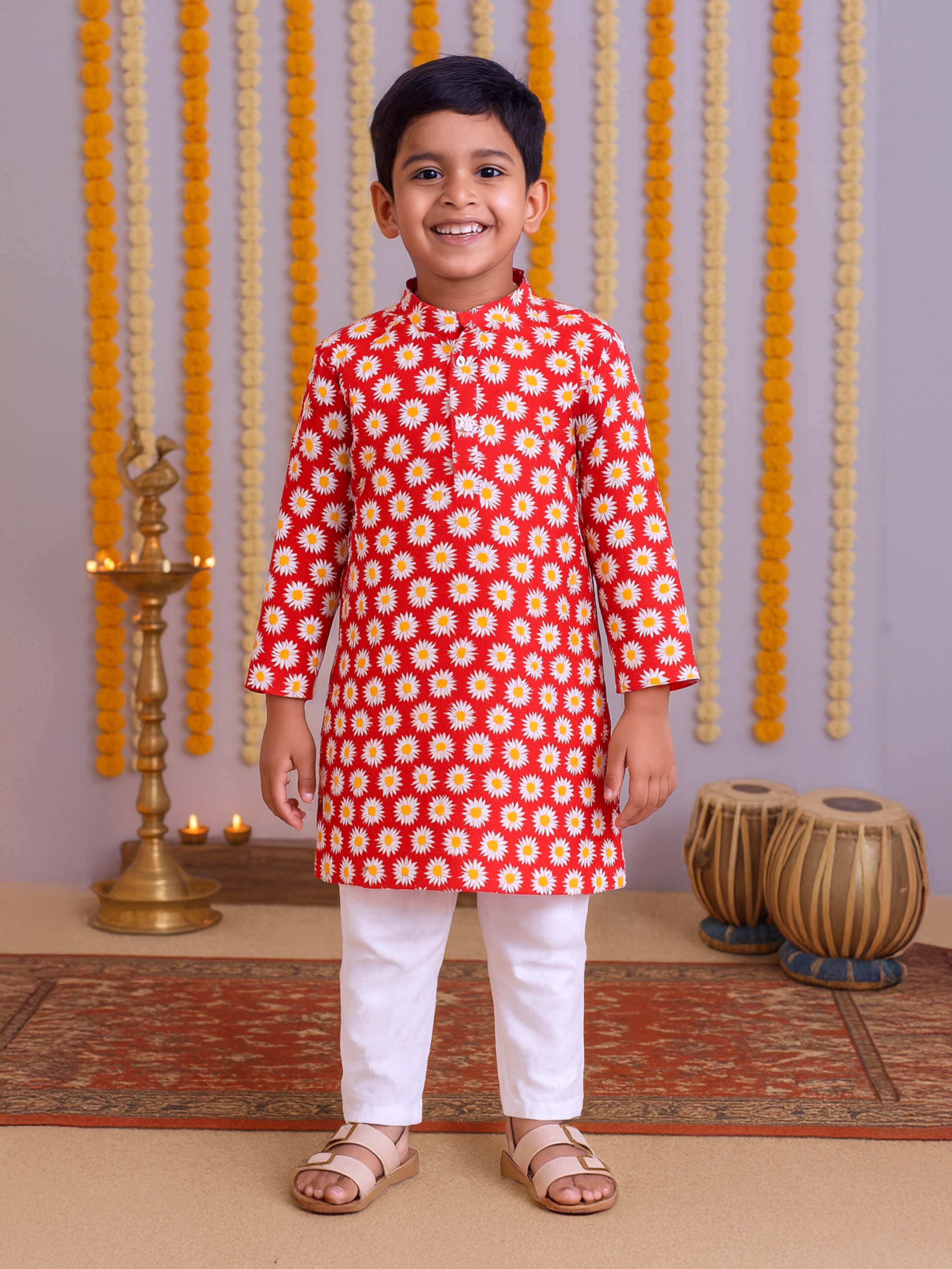 Kiddopanti Boys Cotton Floral Printed Full Sleeves Knee Length Kurta
