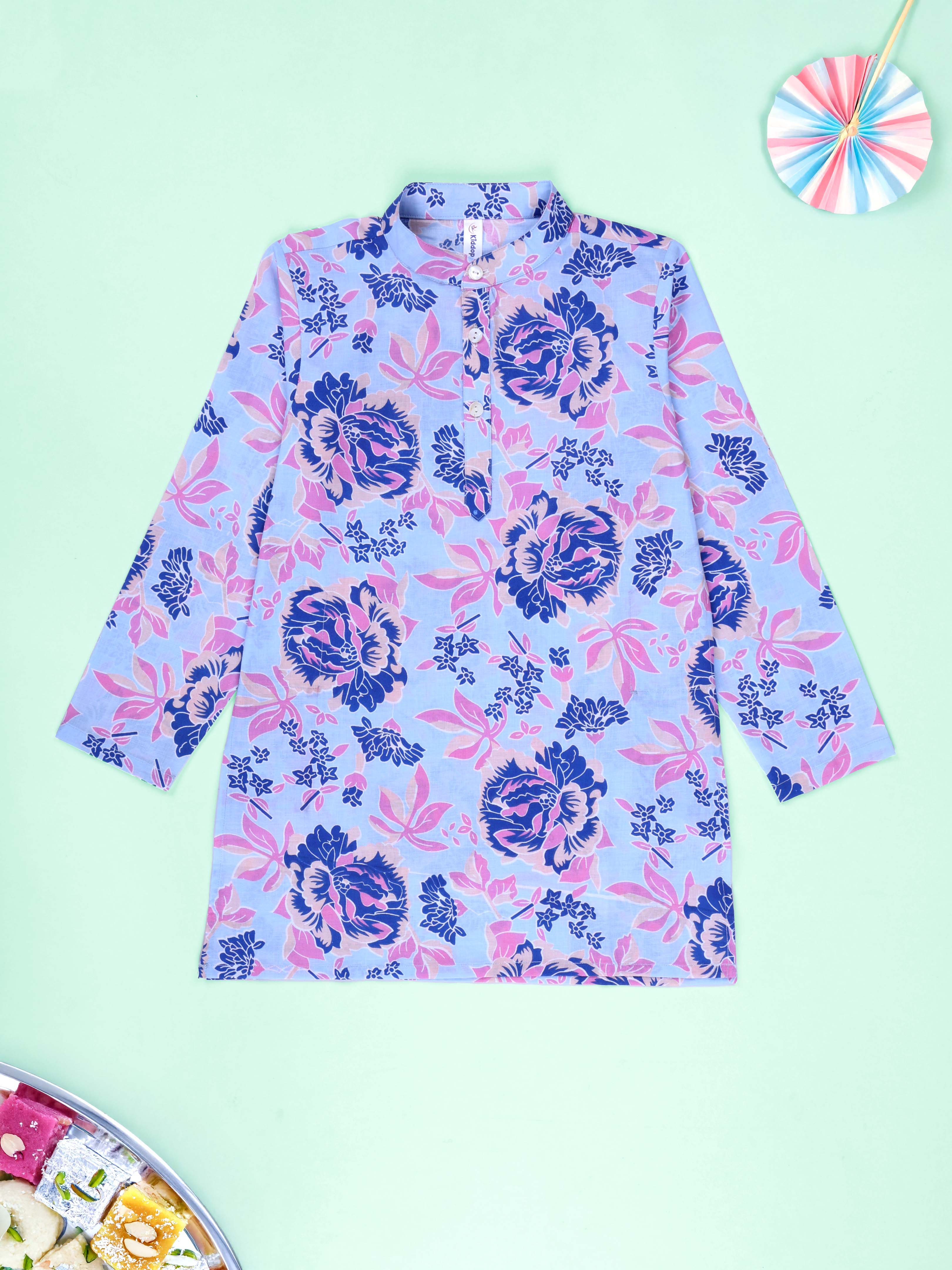Kiddopanti Boys Cotton Floral Printed Full Sleeves Knee Length Kurta