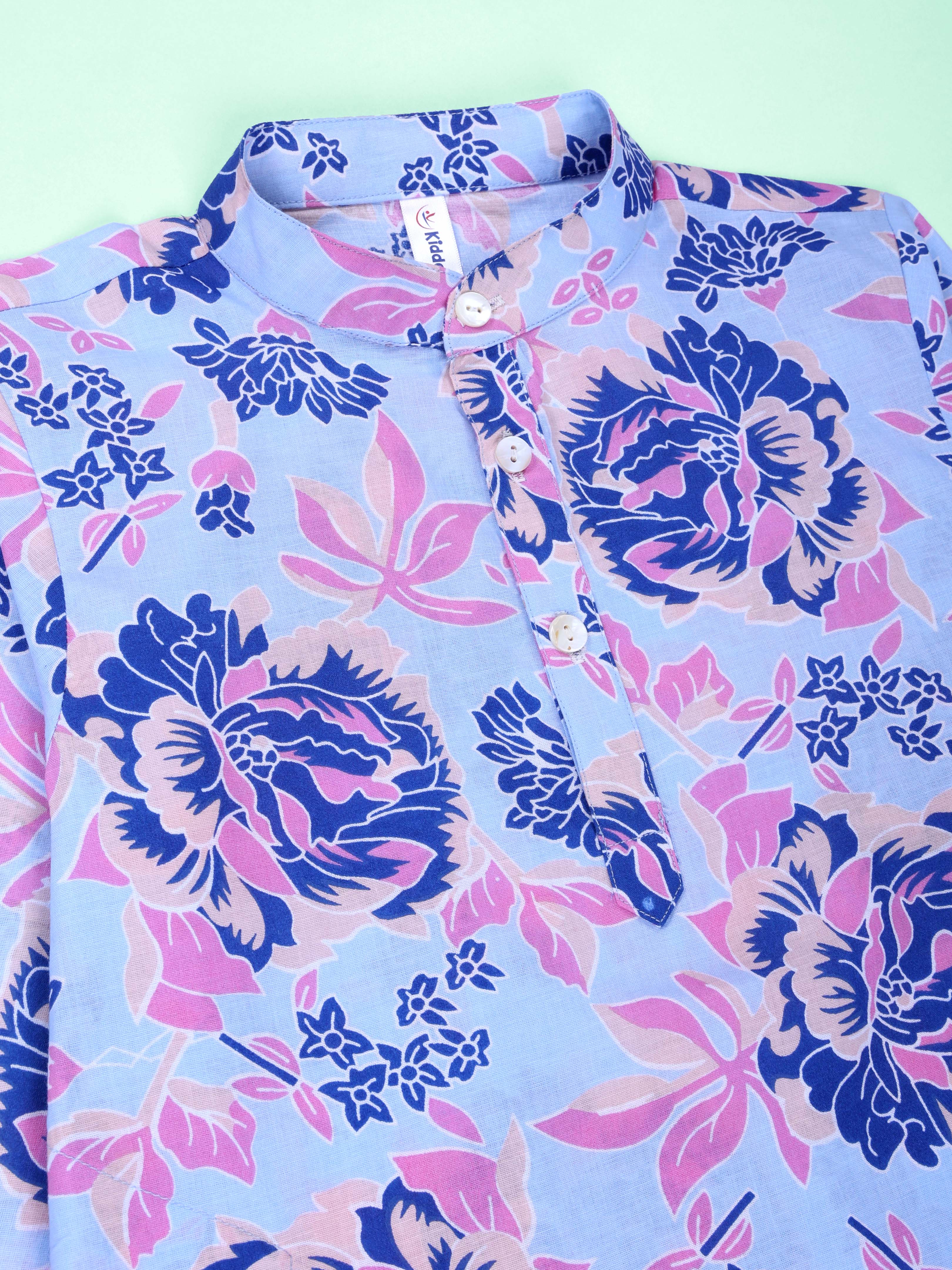 Kiddopanti Boys Cotton Floral Printed Full Sleeves Knee Length Kurta