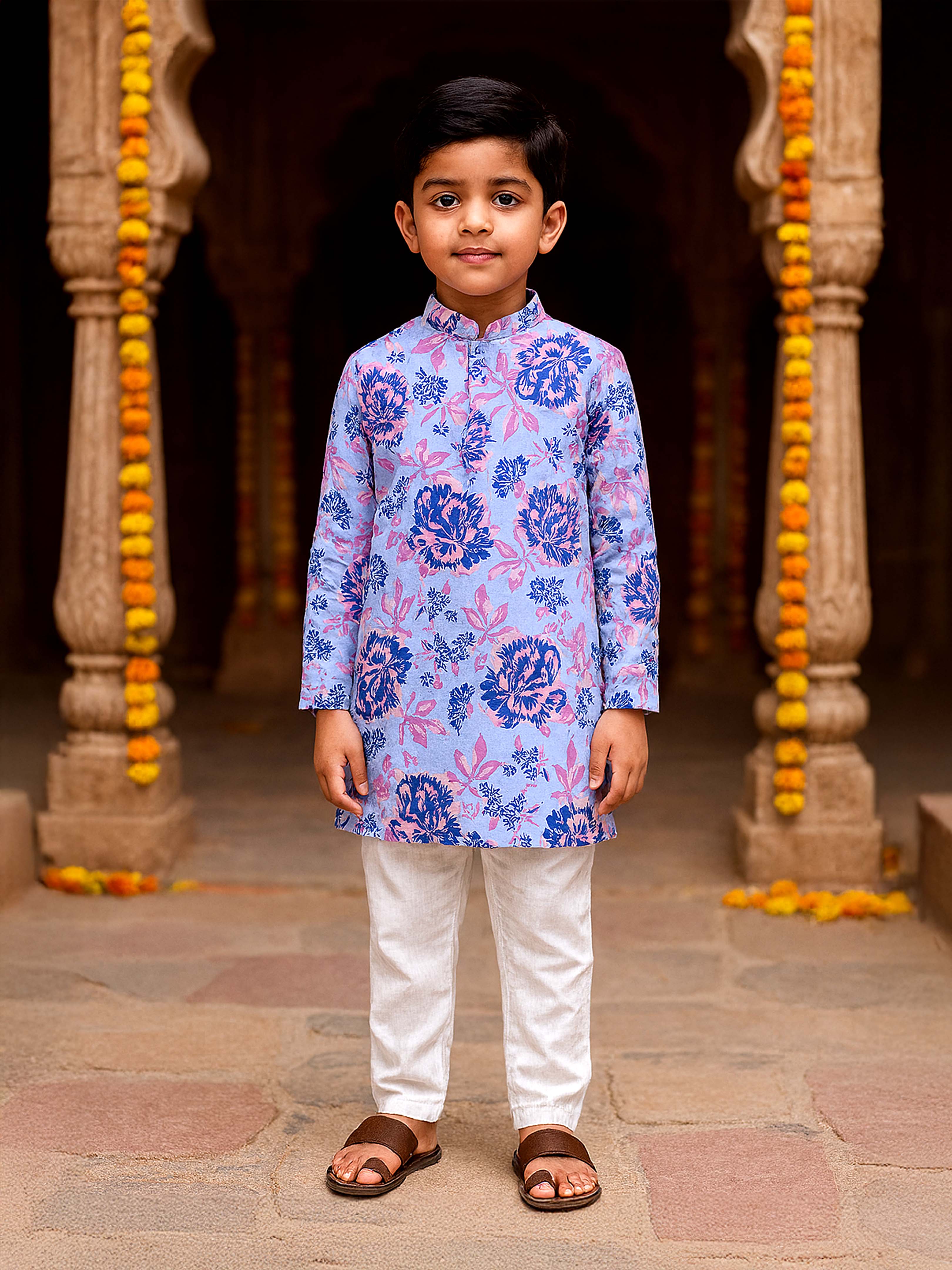 Kiddopanti Boys Cotton Floral Printed Full Sleeves Knee Length Kurta