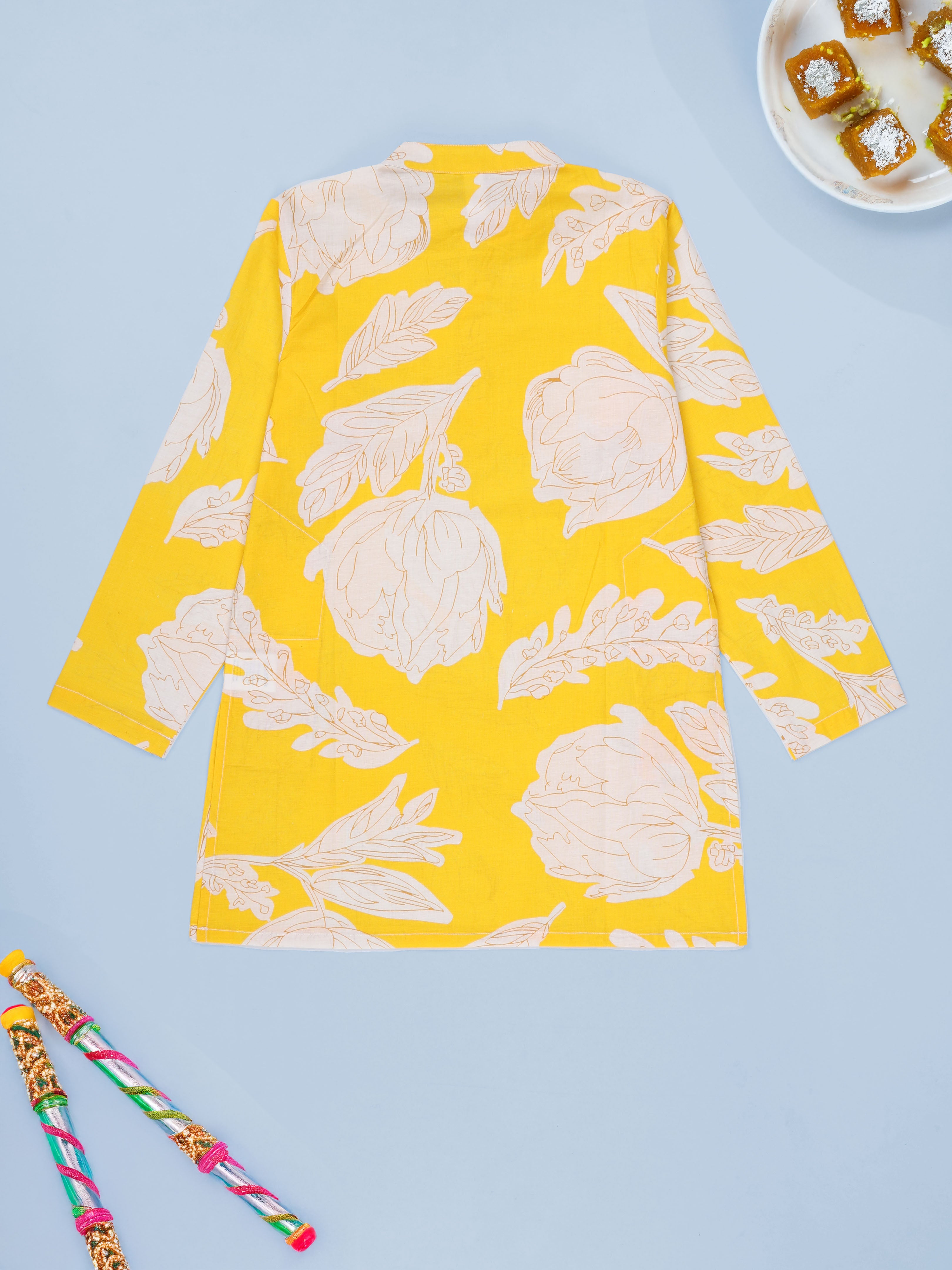 Kiddopanti Boys Cotton Floral Printed Full Sleeves Knee Length Kurta