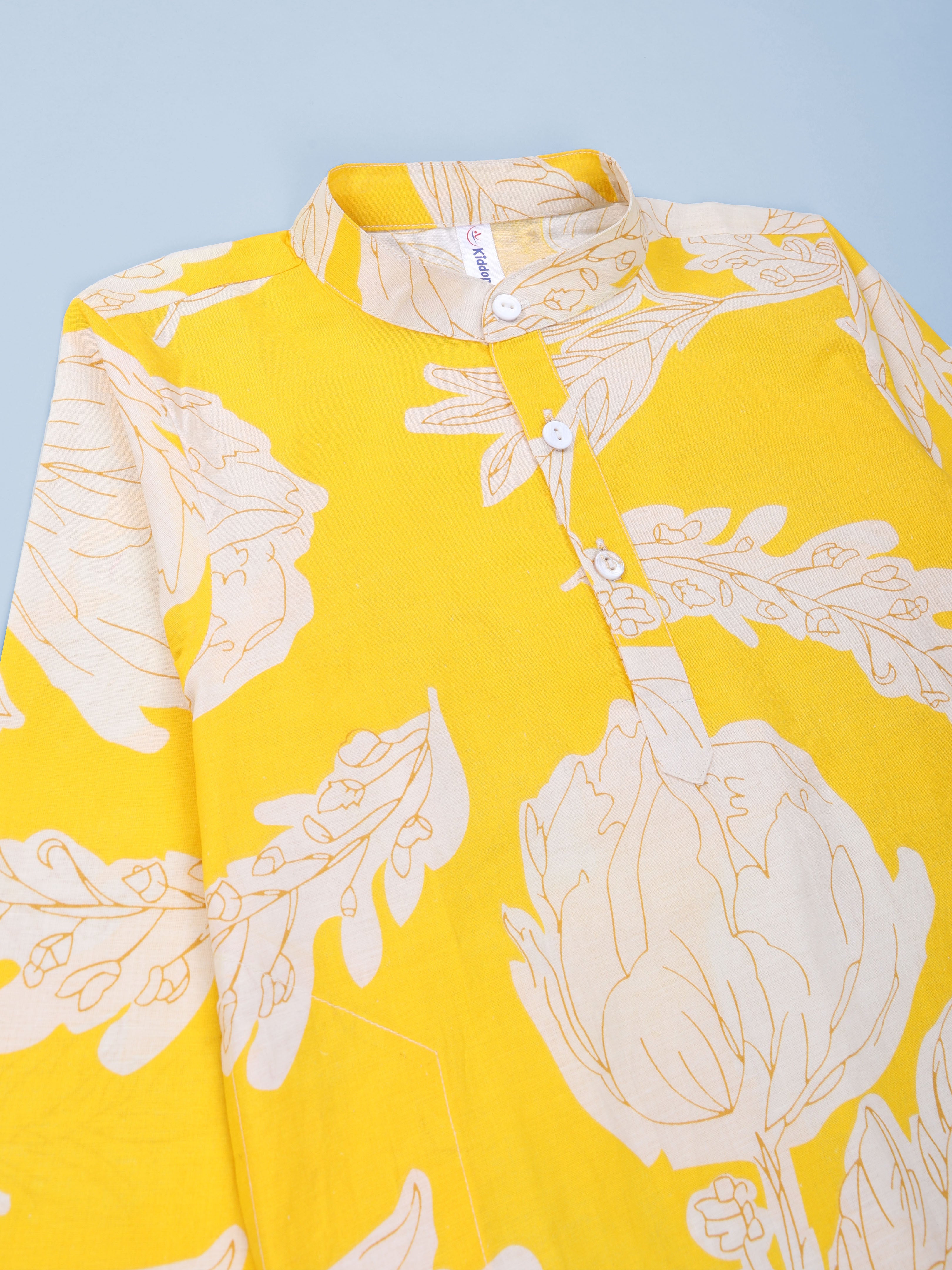 Kiddopanti Boys Cotton Floral Printed Full Sleeves Knee Length Kurta