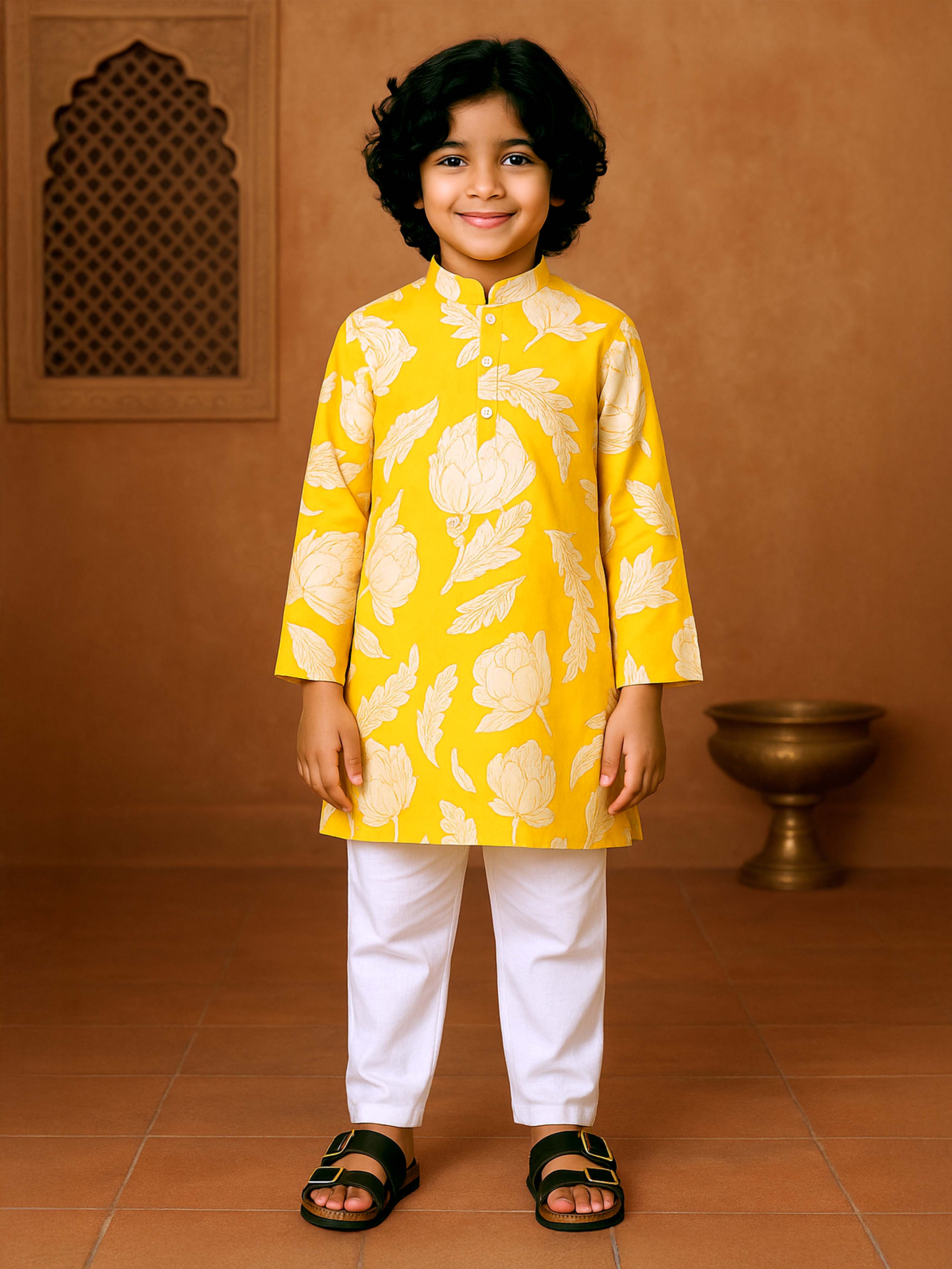 Kiddopanti Boys Cotton Floral Printed Full Sleeves Knee Length Kurta
