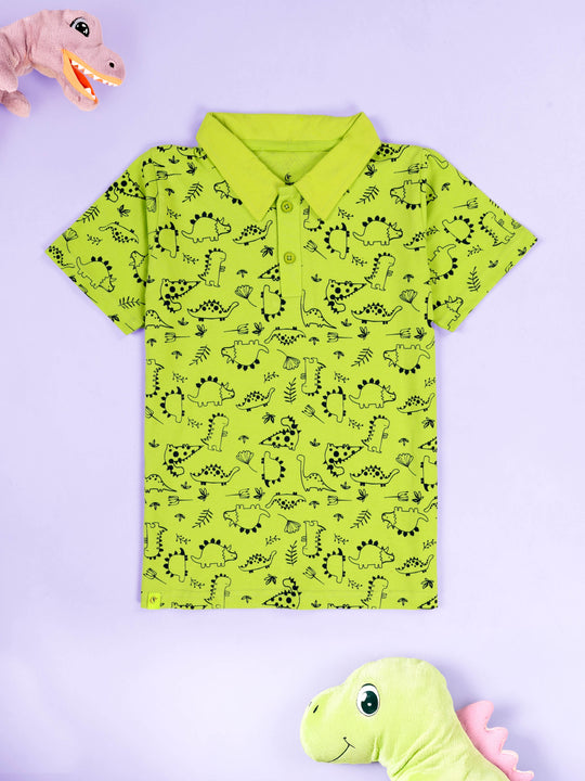 KiddoPanti Boys 100% Cotton  Dino AOP Printed Polo Tee