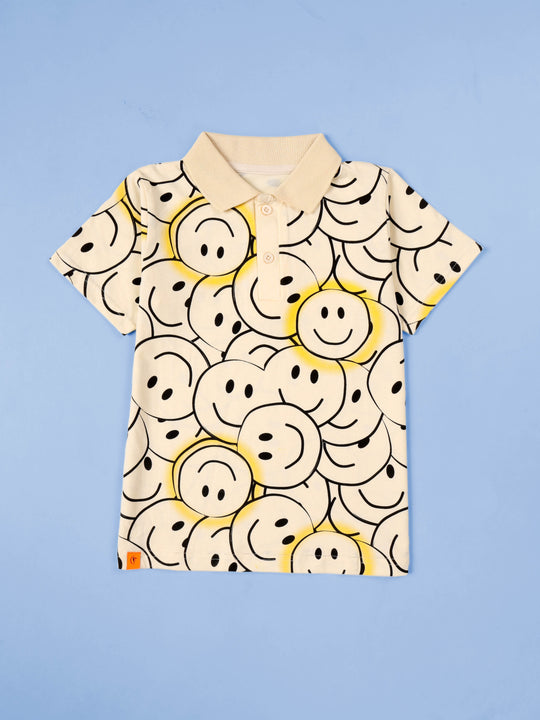 KiddoPanti Boys 100% Cotton Smiley AOP Printed Polo Tee