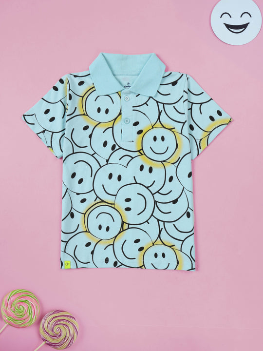KiddoPanti Boys 100% Cotton Smiley AOP Printed Polo Tee