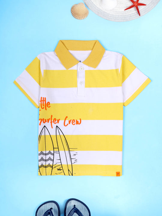 Kiddopanti Cotton Knit Half Sleeves Surfboard Graphic and Little Surfer Crew Printed Stripe Polo Tee
