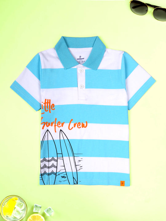 Kiddopanti Cotton Knit Half Sleeves Surfboard Graphic and Little Surfer Crew Printed Stripe Polo Tee