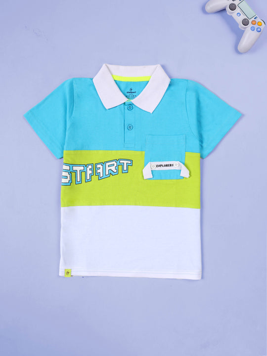 KiddoPanti Boys 100% Cotton Graphic Printed Colorblock Polo T-Shirt with Chest Pocket Detail