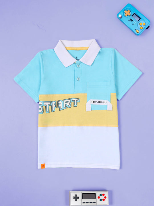 KiddoPanti Boys 100% Cotton Graphic Printed Colorblock Polo T-Shirt with Chest Pocket Detail