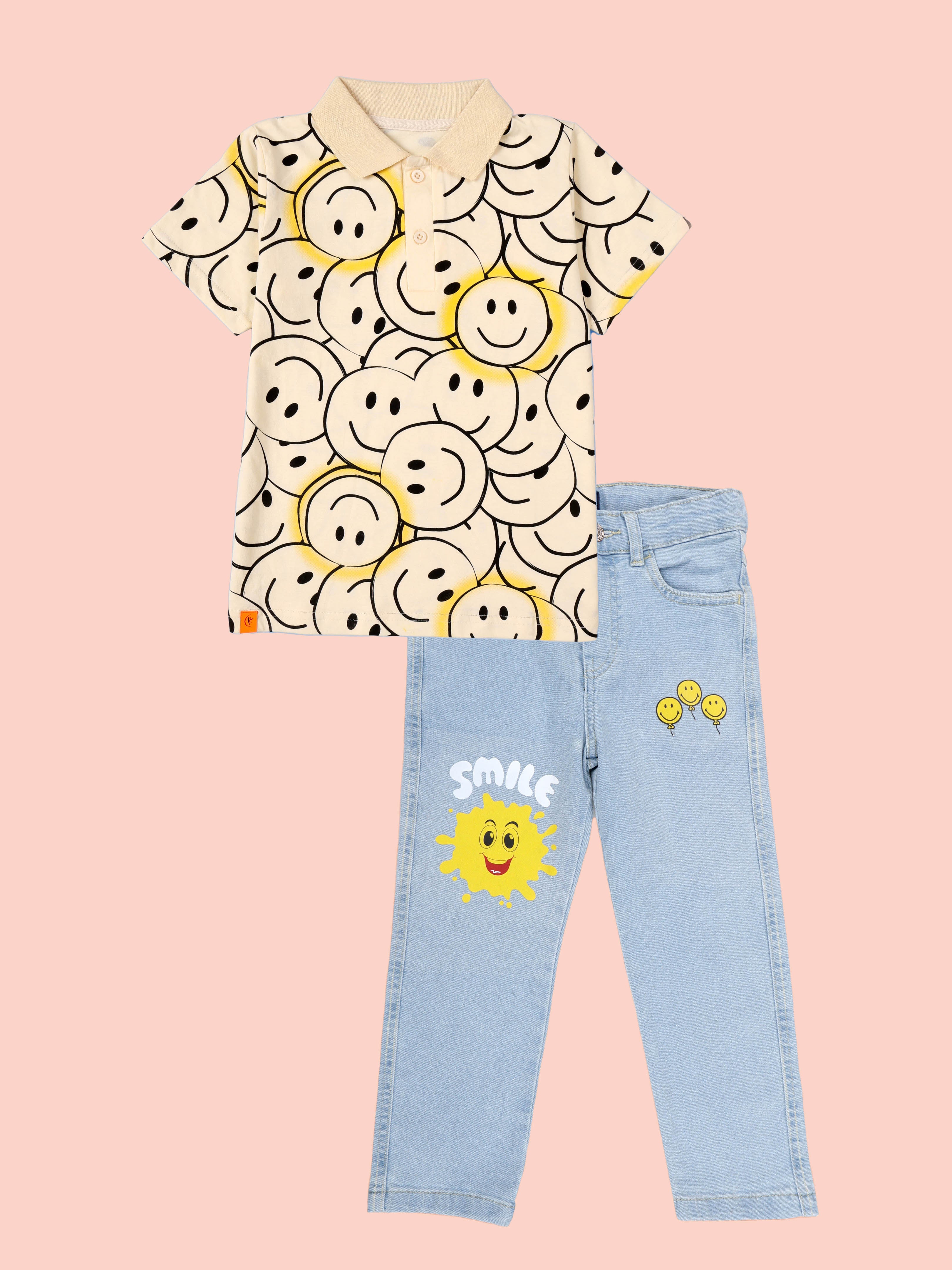 Kiddopanti Boys Smiley AOP Printed Polo Tee & Regular Fit Denim Pant Coorde Set