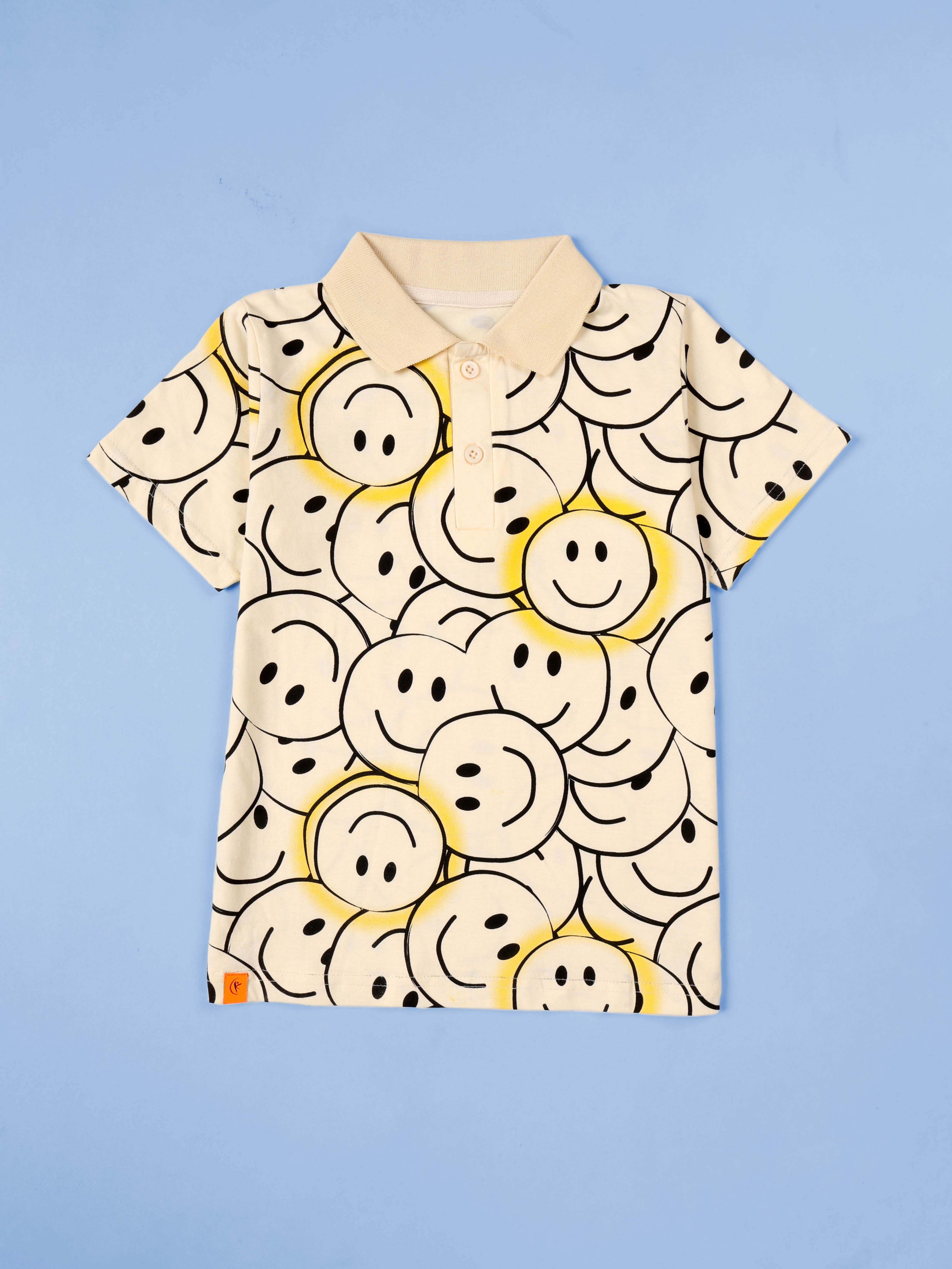 Kiddopanti Boys Smiley AOP Printed Polo Tee & Regular Fit Denim Pant Coorde Set