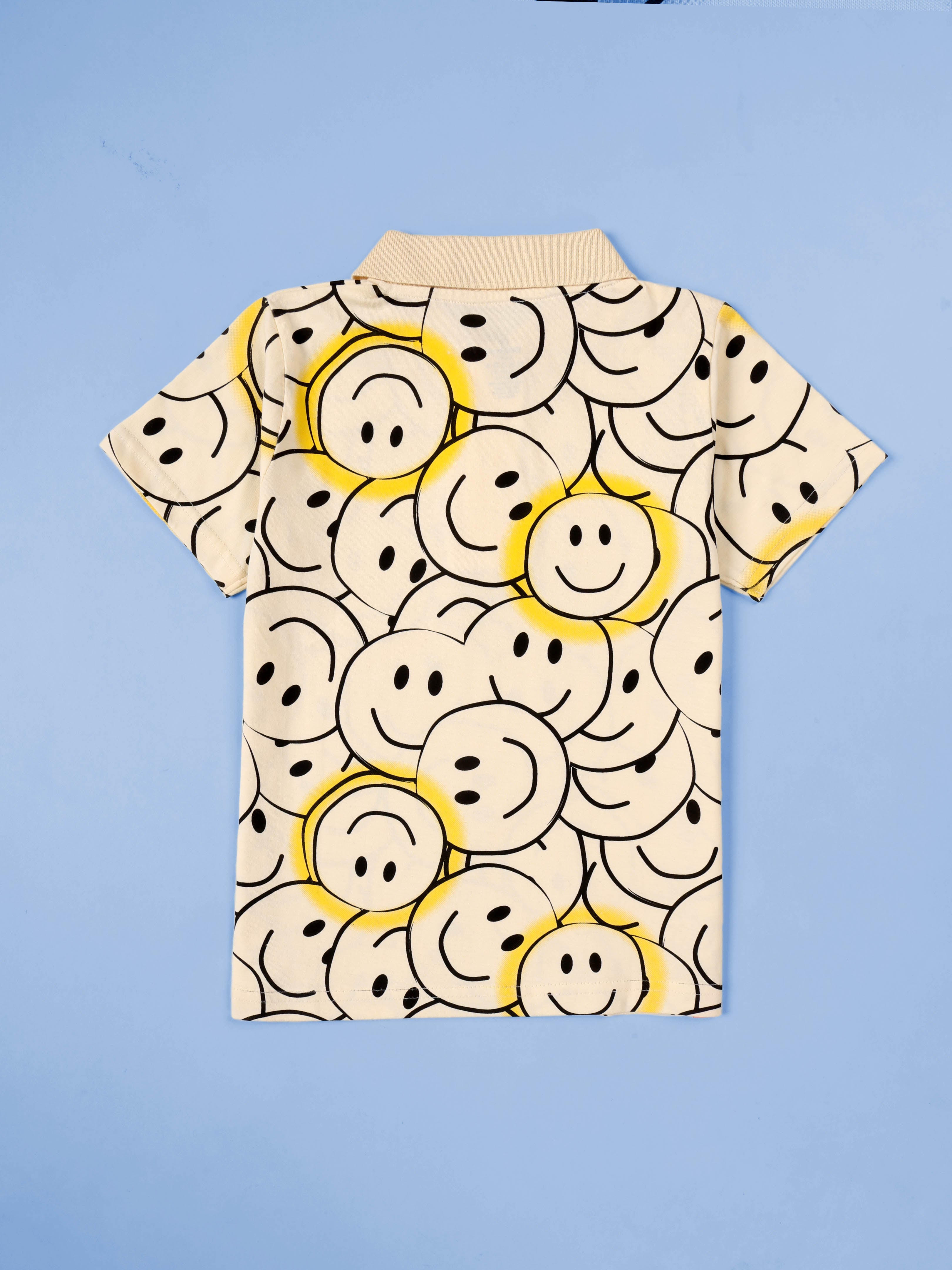 Kiddopanti Boys Smiley AOP Printed Polo Tee & Regular Fit Denim Pant Coorde Set