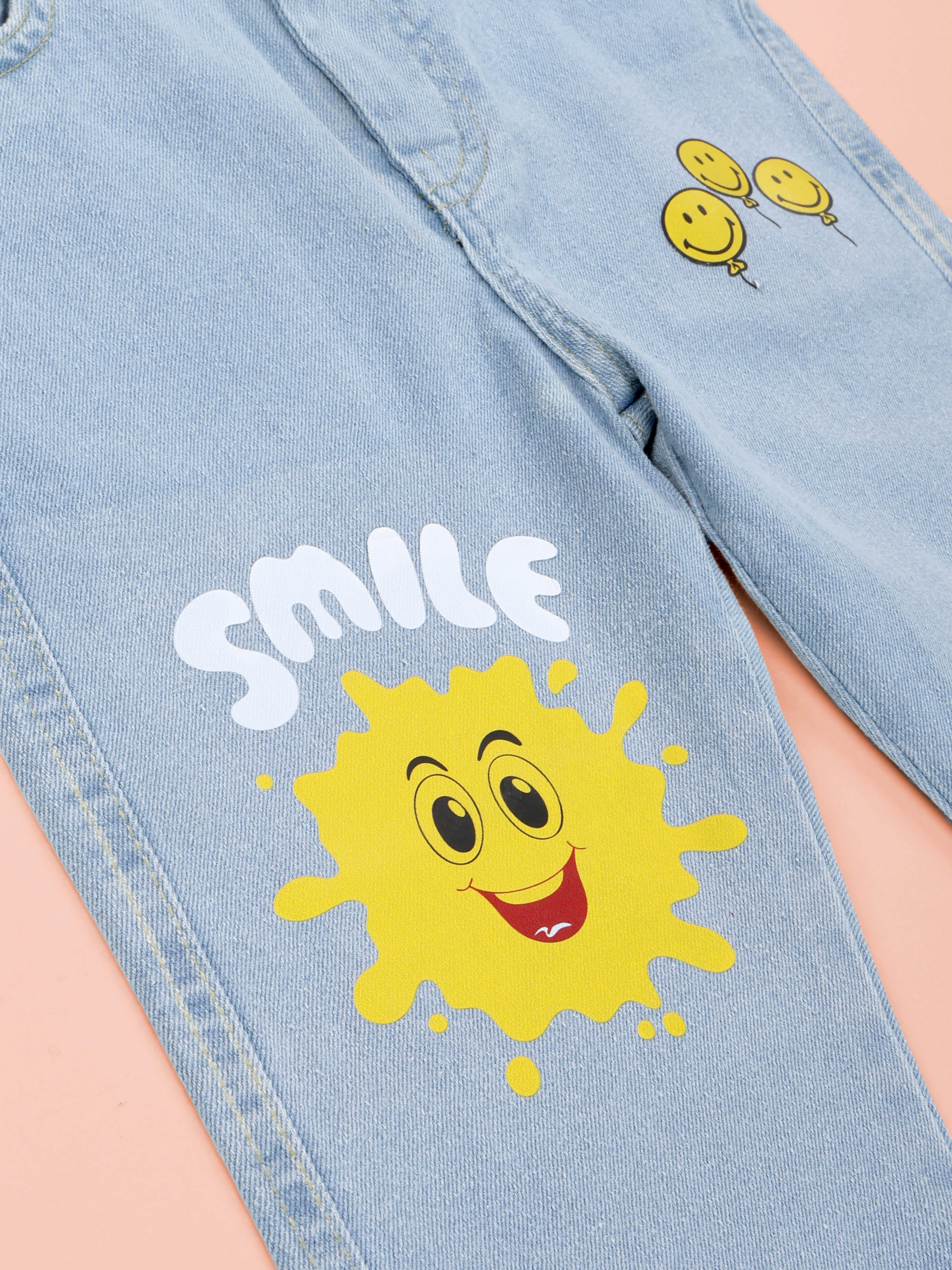 Kiddopanti Boys Smiley AOP Printed Polo Tee & Regular Fit Denim Pant Coorde Set