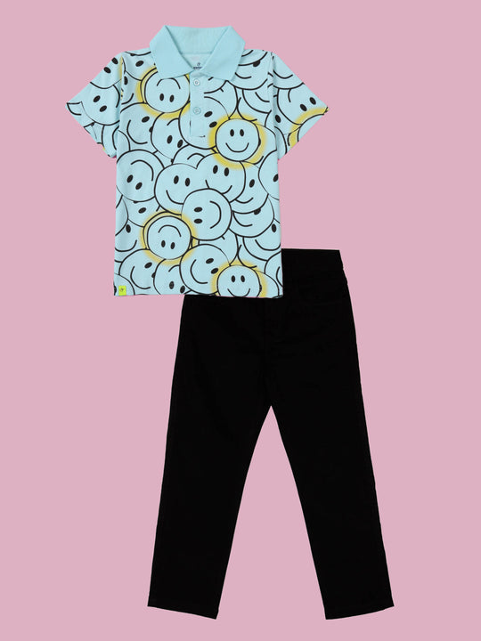 Kiddopanti Boys Smiley AOP Printed Polo Tee & Regular Fit Denim Pant Coorde Set