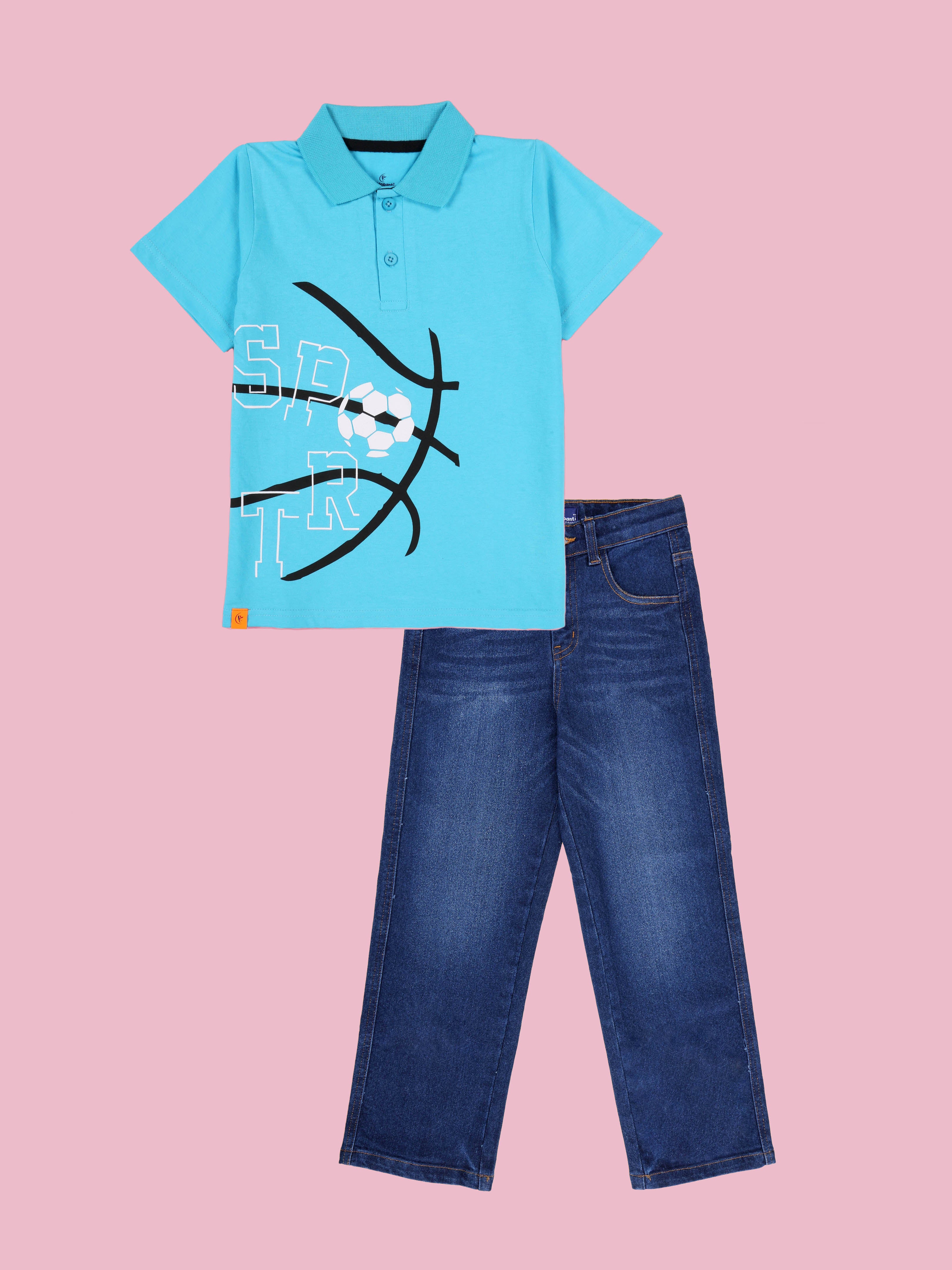 Kiddopanti Boys Printed Polo Tee & Denim Straight Fit Jeans Pant Co Ord Set