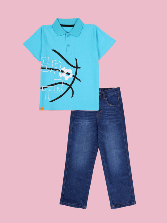 Kiddopanti Boys Printed Polo Tee & Denim Straight Fit Jeans Pant Co Ord Set