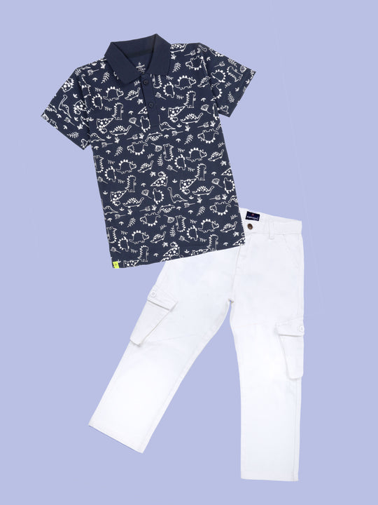 Kiddopanti Boys Printed Polo Tee & Denim Straight Fit Jeans Pant Co Ord Set