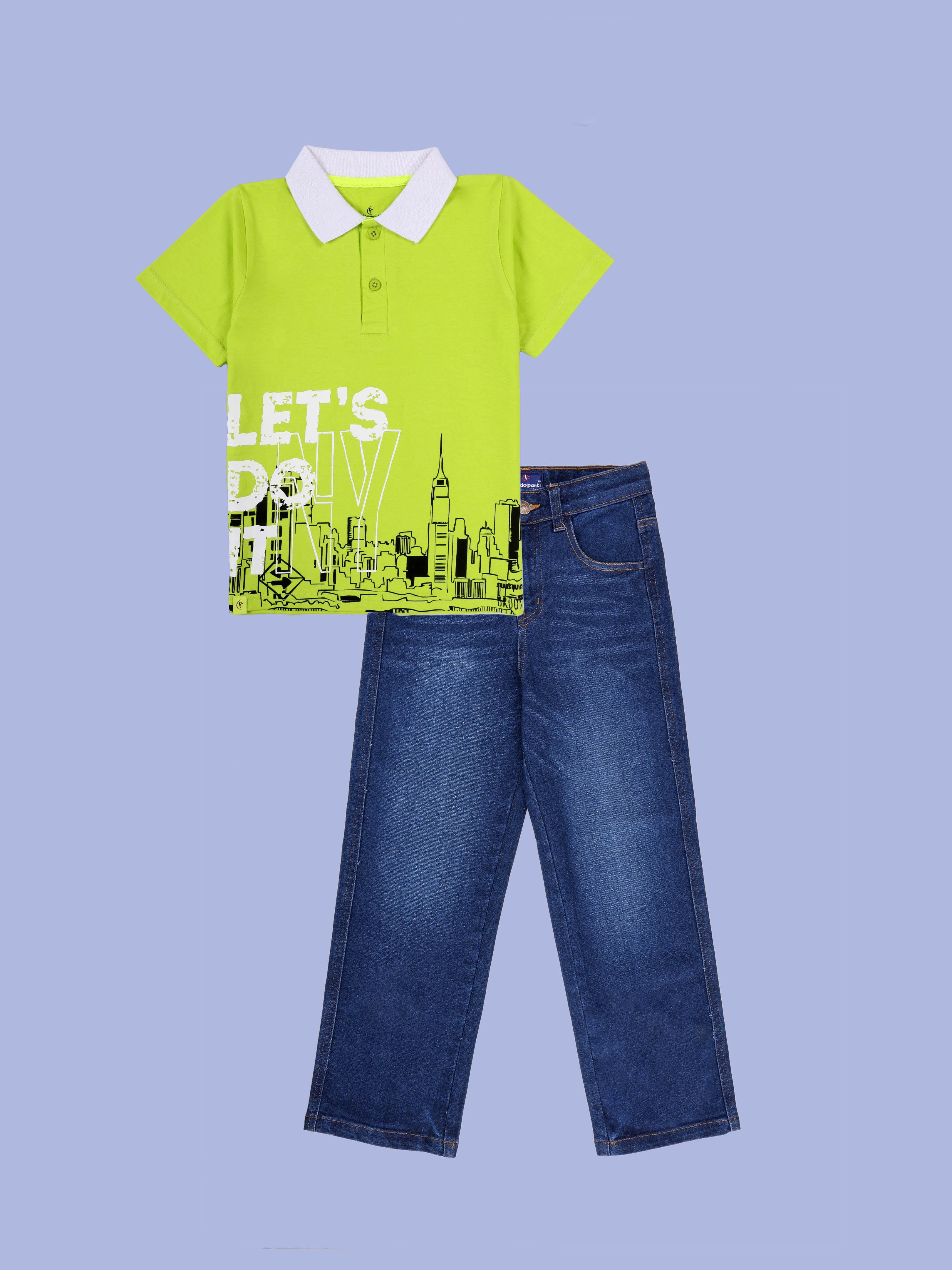 Kiddopanti Boys Printed Polo Tee & Denim Straight Fit Jeans Pant Co Ord Set