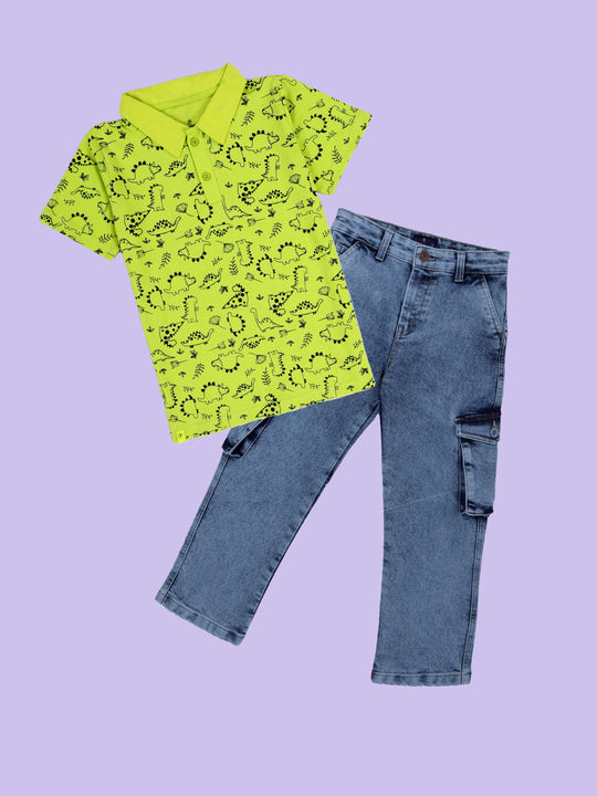 Kiddopanti Boys Printed Polo Tee & Denim Straight Fit Jeans Pant Co Ord Set