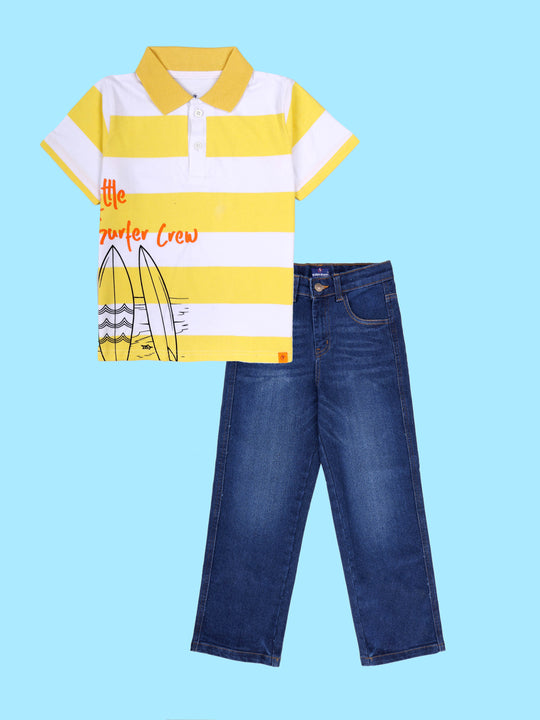 Kiddopanti Boys Printed Polo Tee & Denim Straight Fit Jeans Pant Co Ord Set
