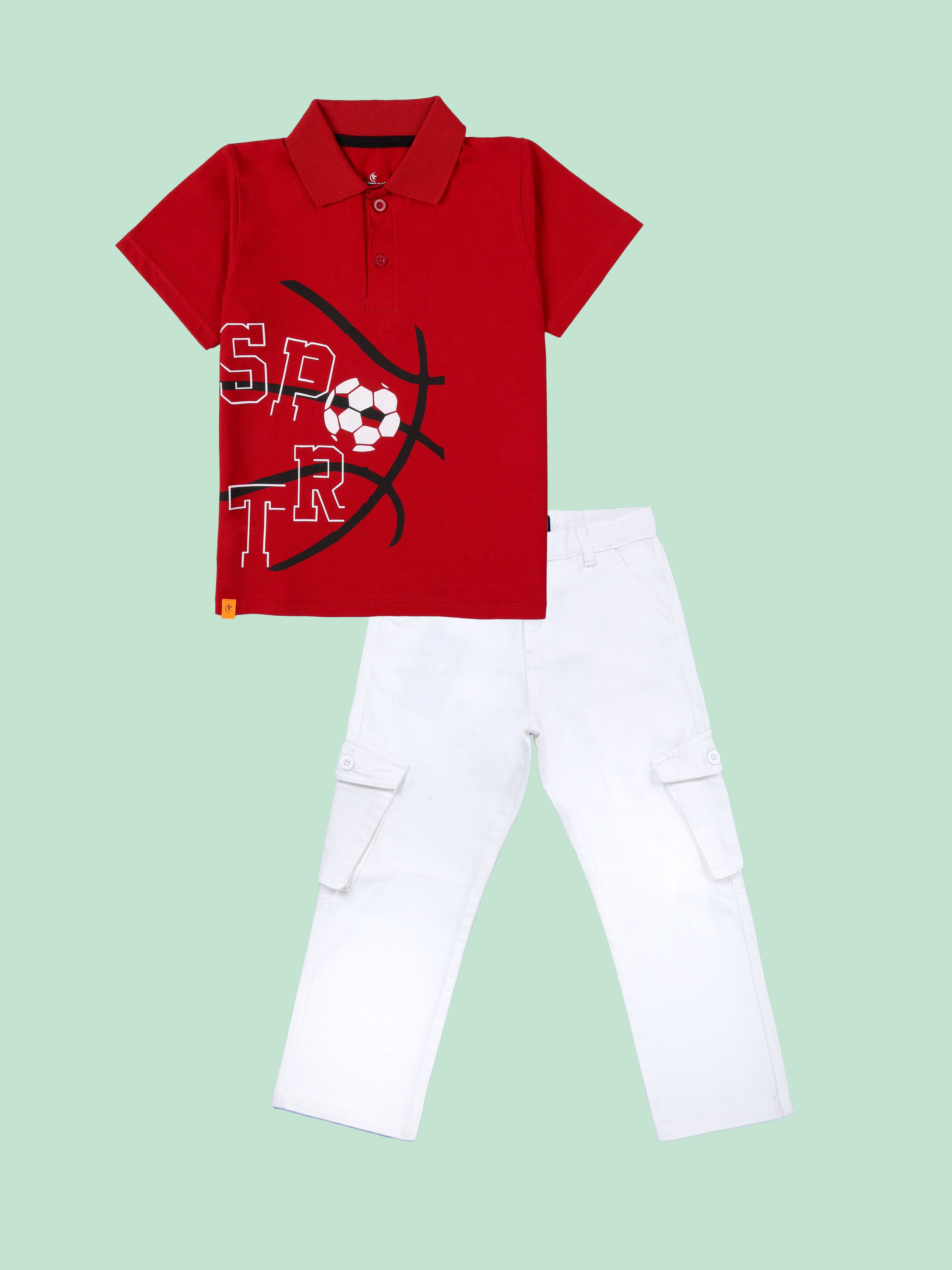 Kiddopanti Boys Printed Polo Tee & Denim Straight Fit Jeans Pant Co Ord Set