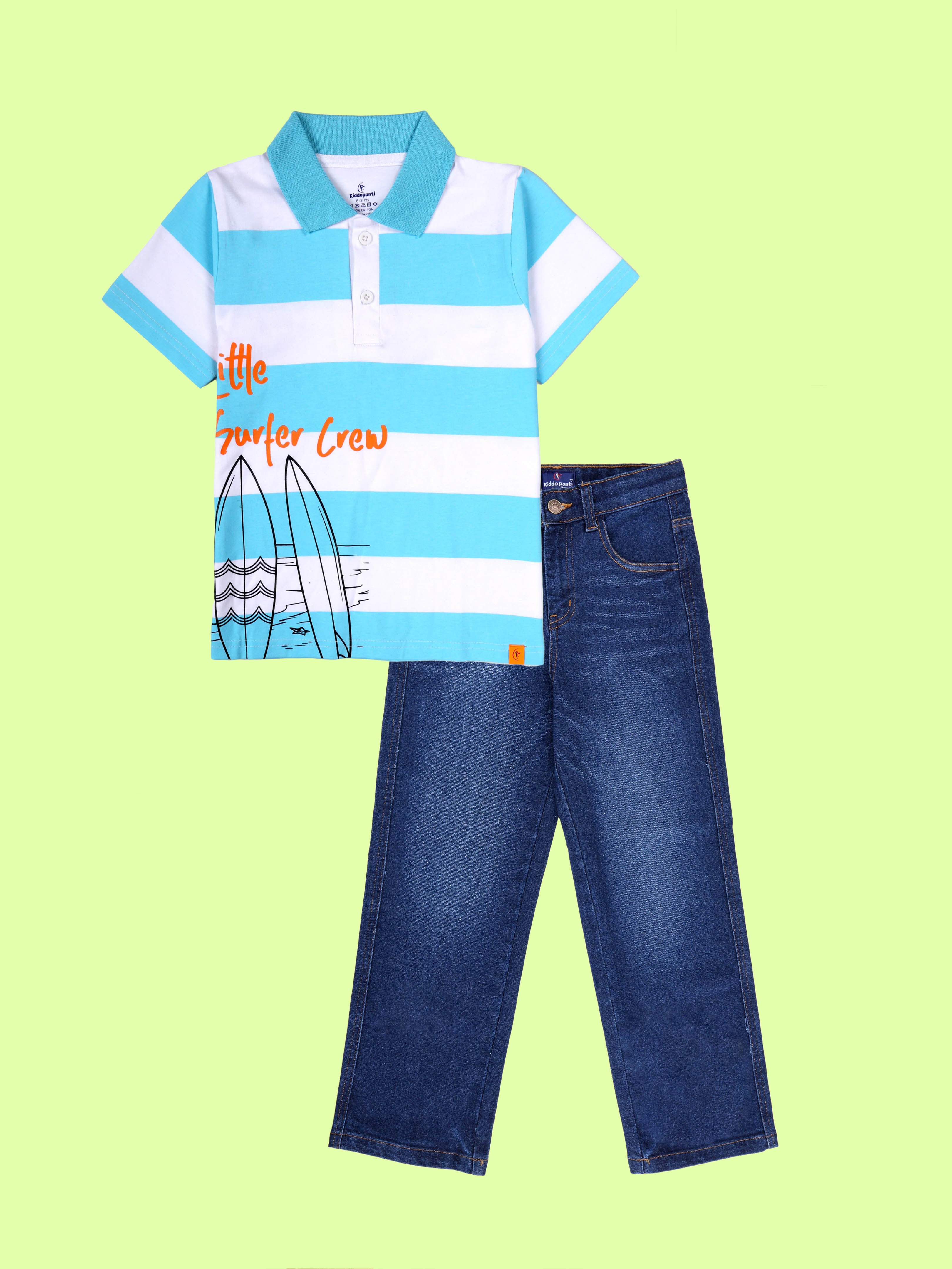 Kiddopanti Boys Printed Polo Tee & Denim Straight Fit Jeans Pant Co Ord Set