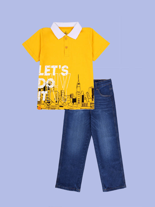Kiddopanti Boys Printed Polo Tee & Denim Straight Fit Jeans Pant Co Ord Set
