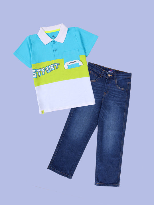 Kiddopanti Boys Printed Colorblock Polo T-Shirt with Chest Pocket Detail & Straight Fit Jeans Set