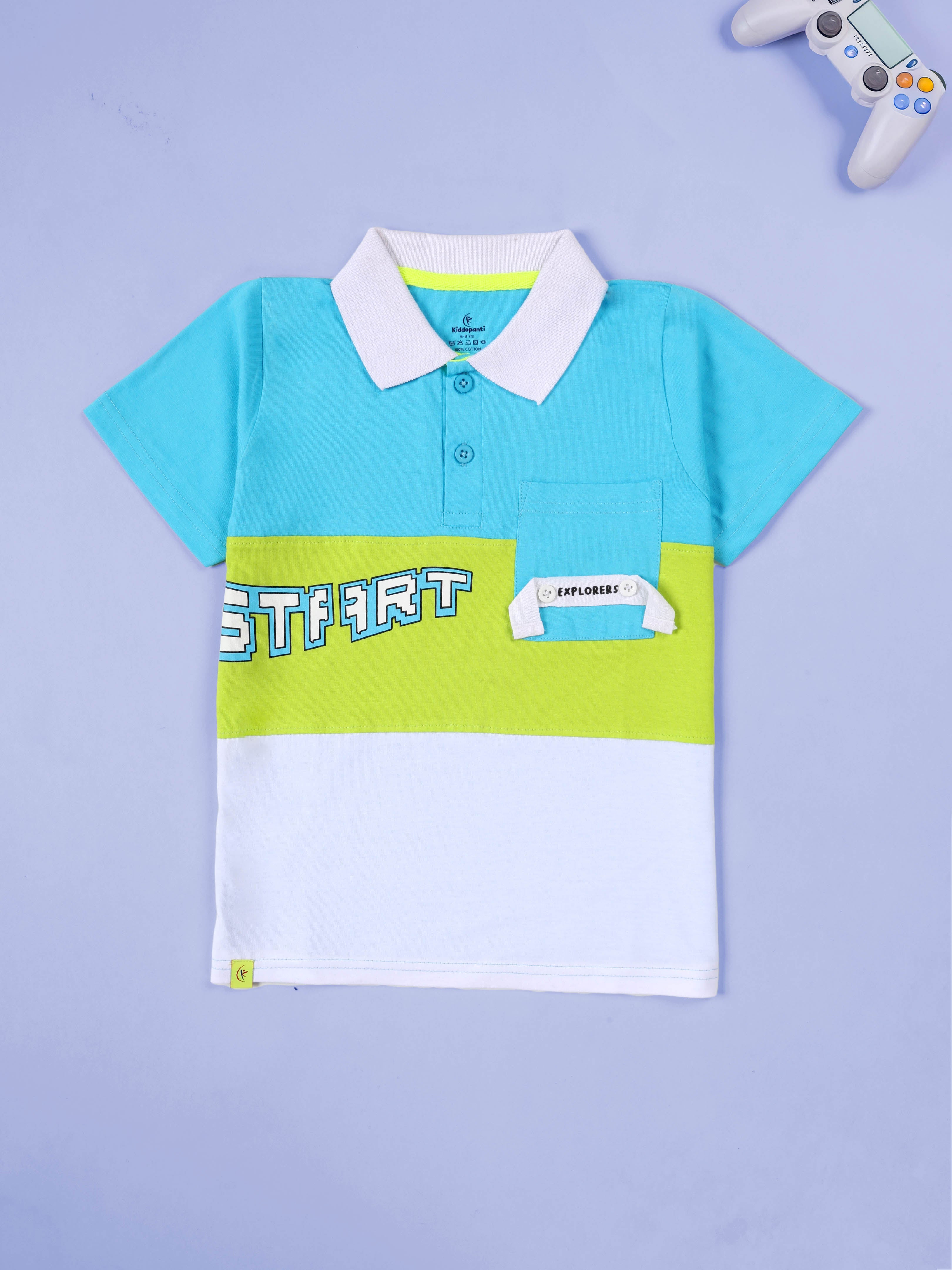 Kiddopanti Boys Printed Colorblock Polo T-Shirt with Chest Pocket Detail & Straight Fit Jeans Set