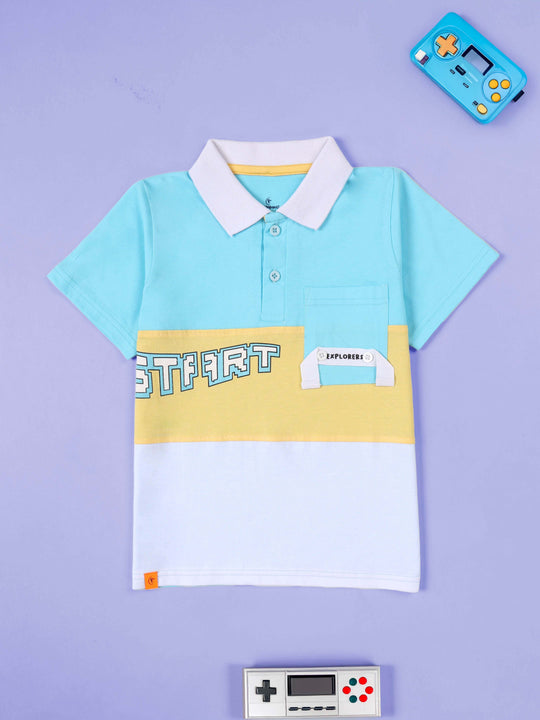 Kiddopanti Boys Printed Colorblock Polo T-Shirt with Chest Pocket Detail & Straight Fit Jeans Set
