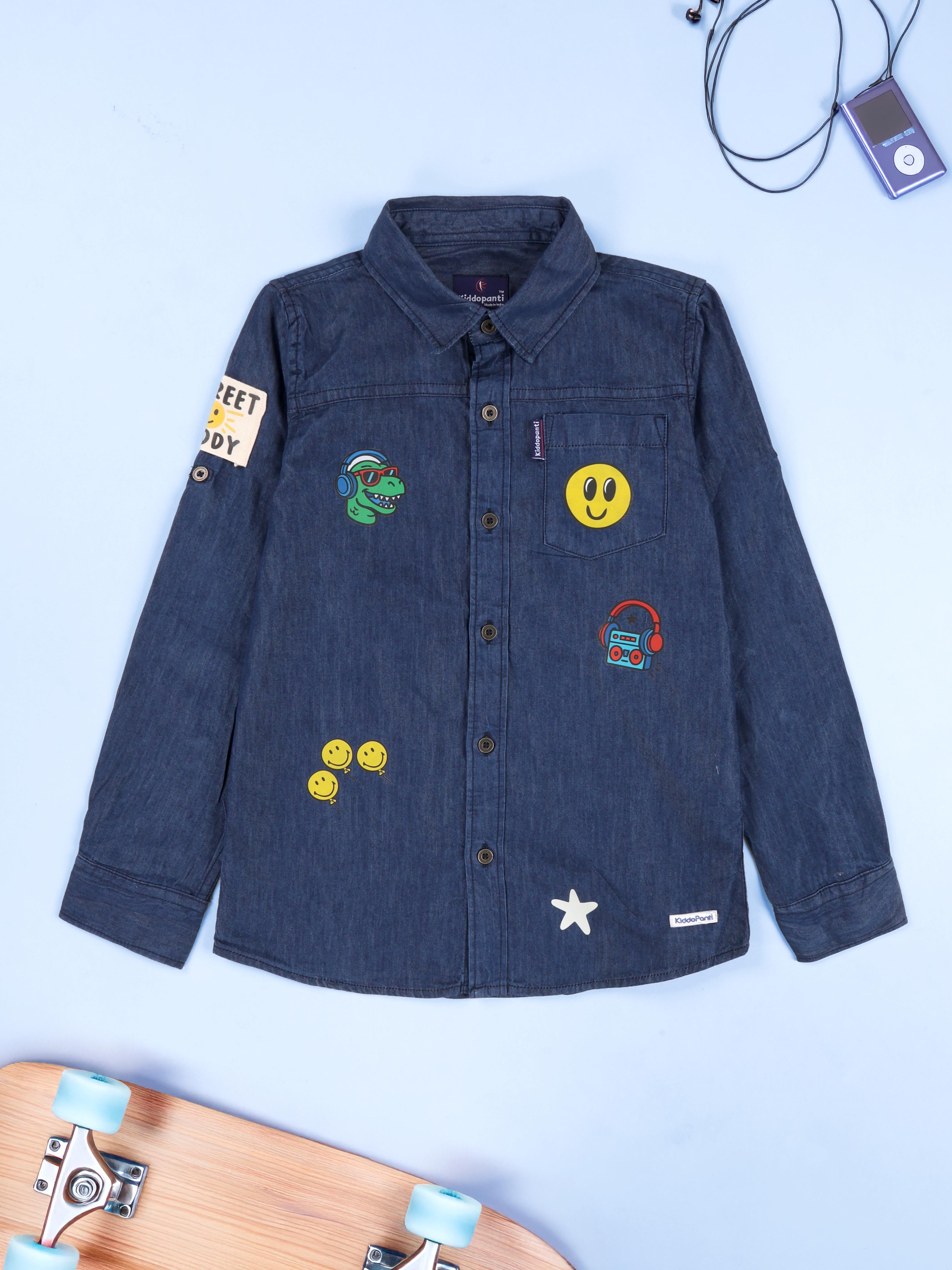 Kiddopanti Boys Full Sleeve Multi Badge And Printed Denim Shirt With Pocket