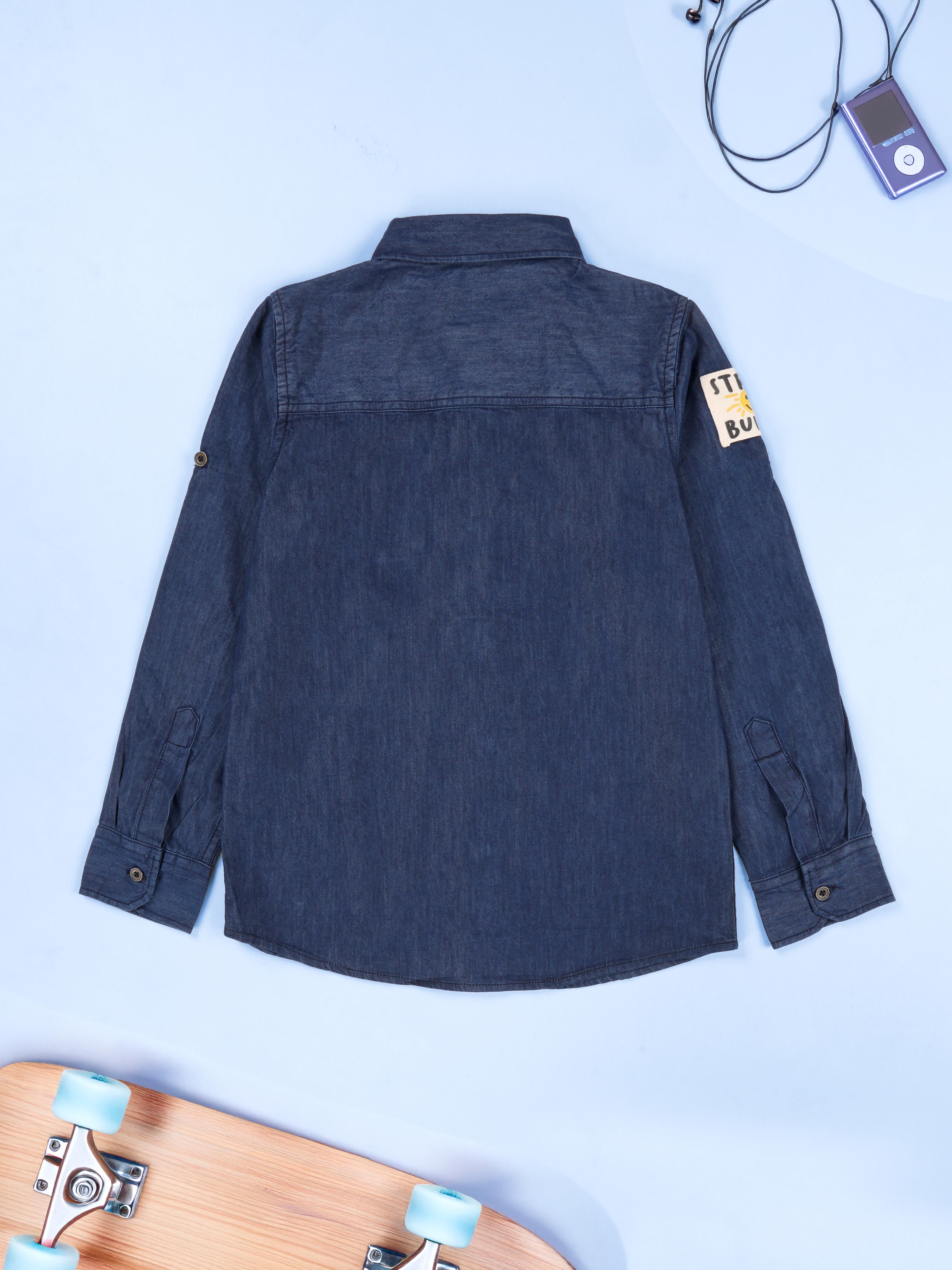 Kiddopanti Boys Full Sleeve Multi Badge And Printed Denim Shirt With Pocket