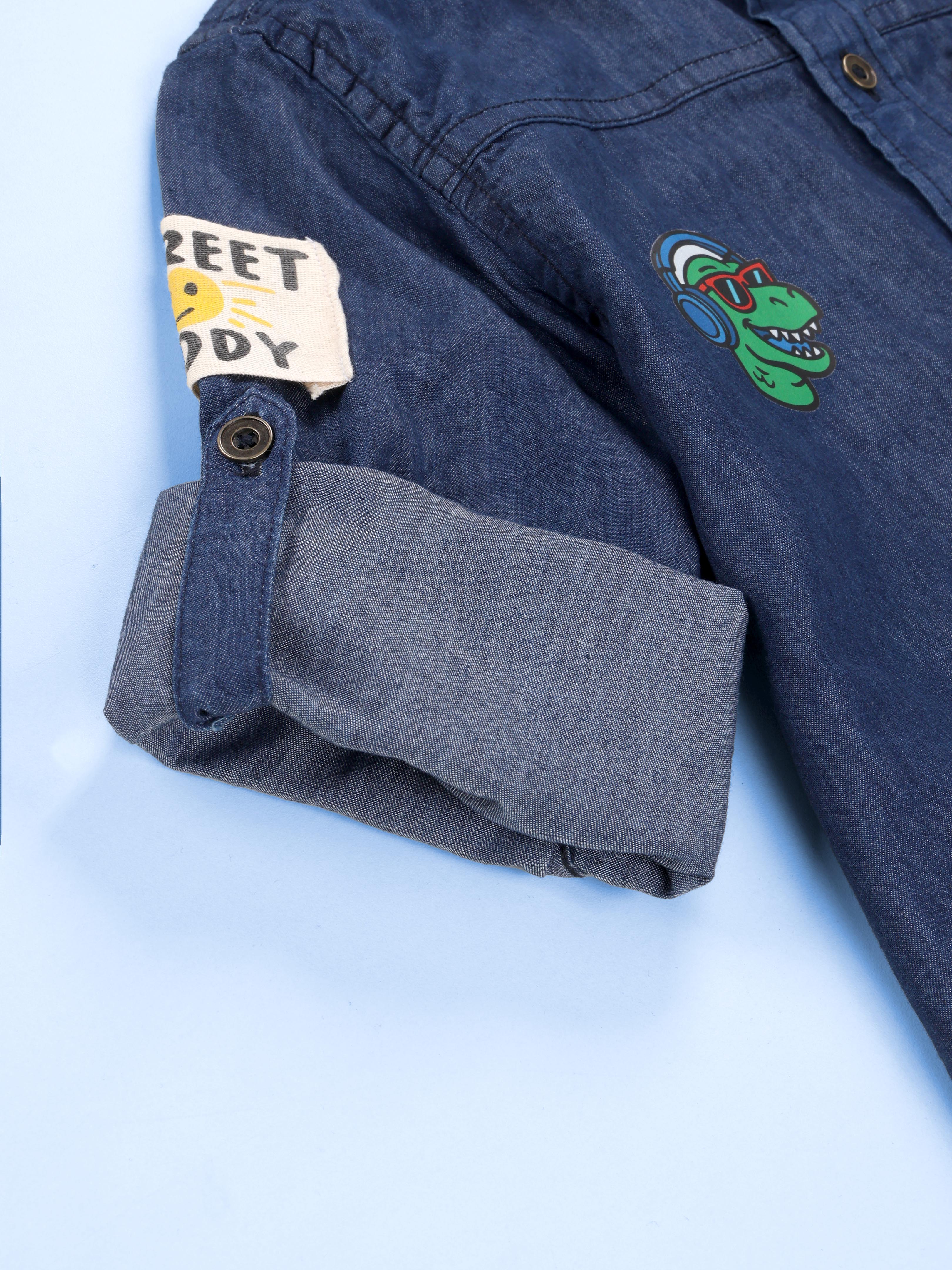 Kiddopanti Boys Full Sleeve Multi Badge And Printed Denim Shirt With Pocket