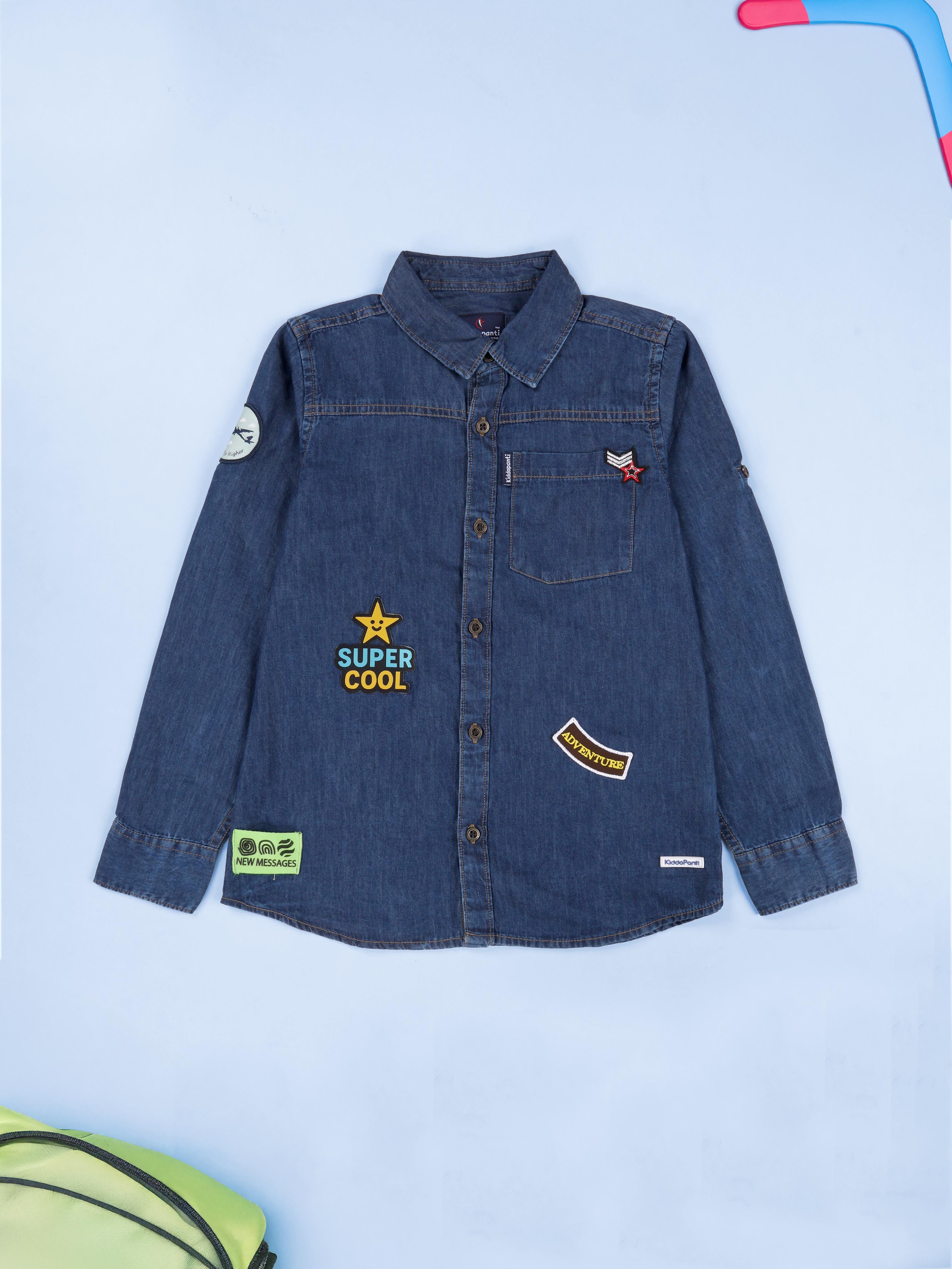 Kiddopanti Boys Full Sleeve Multi Badge And Printed Denim Shirt With Pocket